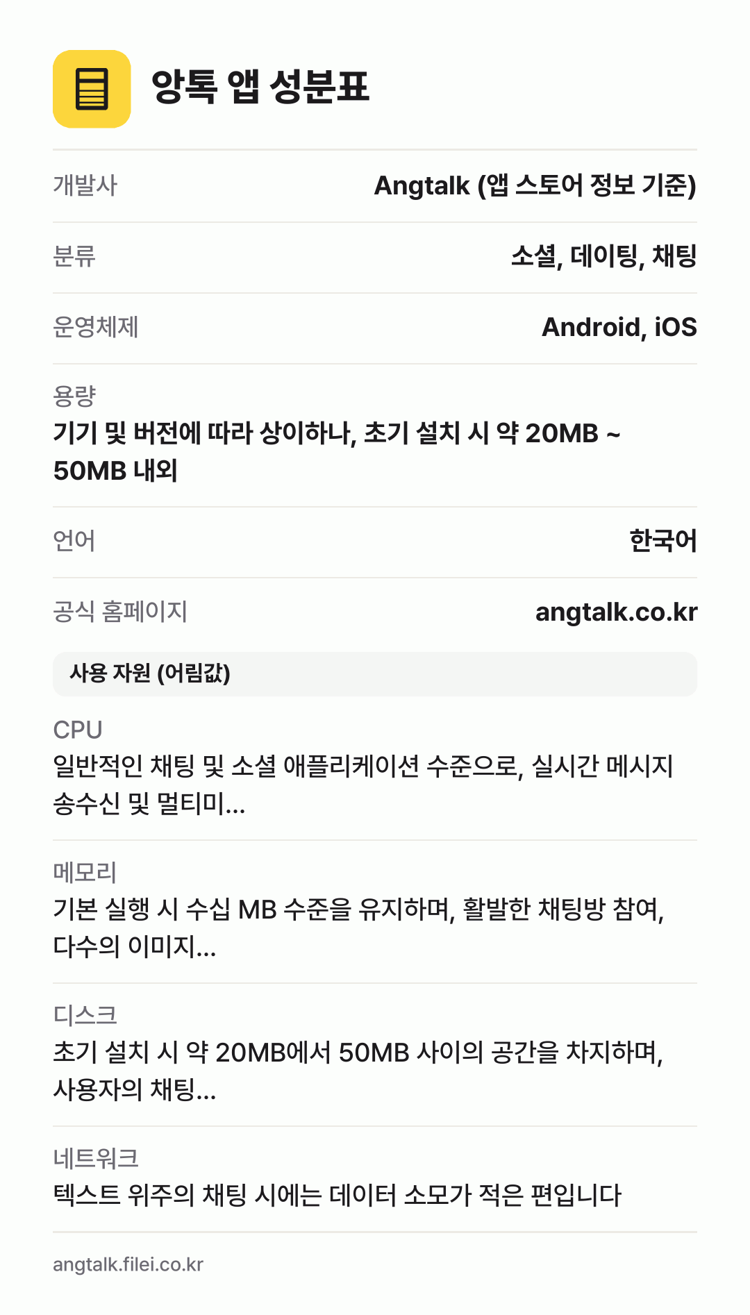 앙톡 앱 성분표: 개발사 Angtalk (앱 스토어 정보 기준), 분류 소셜, 데이팅, 채팅, 운영체제 Android, iOS, 용량 기기 및 버전에 따라 상이하나, 초기 설치 시 약 20MB ~ 50MB 내외, 언어 한국어