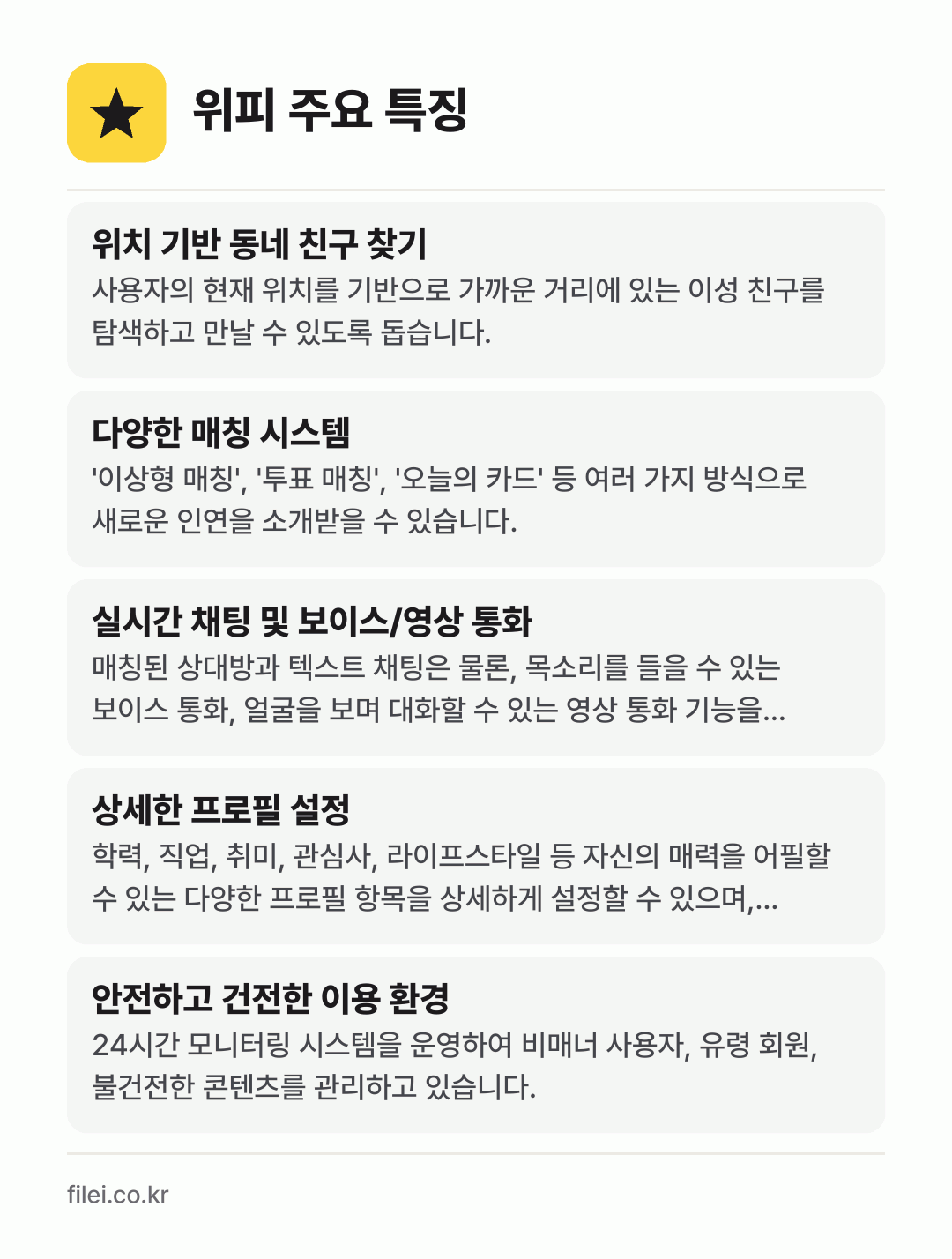위피 주요 특징: 위치 기반 동네 친구 찾기, 다양한 매칭 시스템, 실시간 채팅 및 보이스/영상 통화, 상세한 프로필 설정, 안전하고 건전한 이용 환경