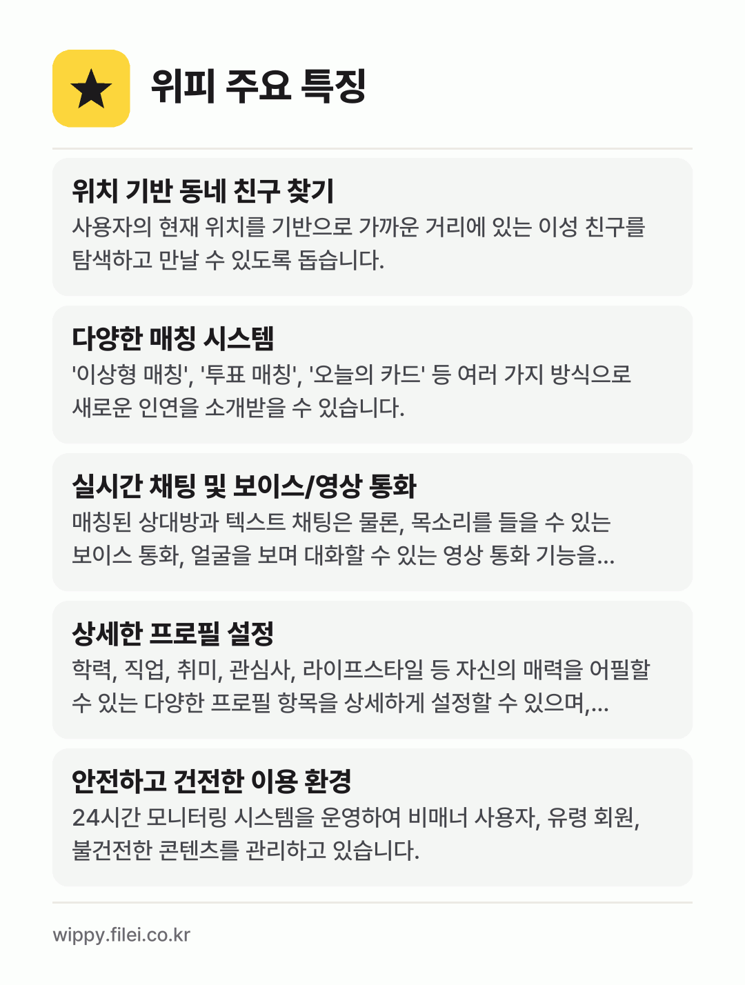 위피 주요 특징: 위치 기반 동네 친구 찾기, 다양한 매칭 시스템, 실시간 채팅 및 보이스/영상 통화, 상세한 프로필 설정, 안전하고 건전한 이용 환경