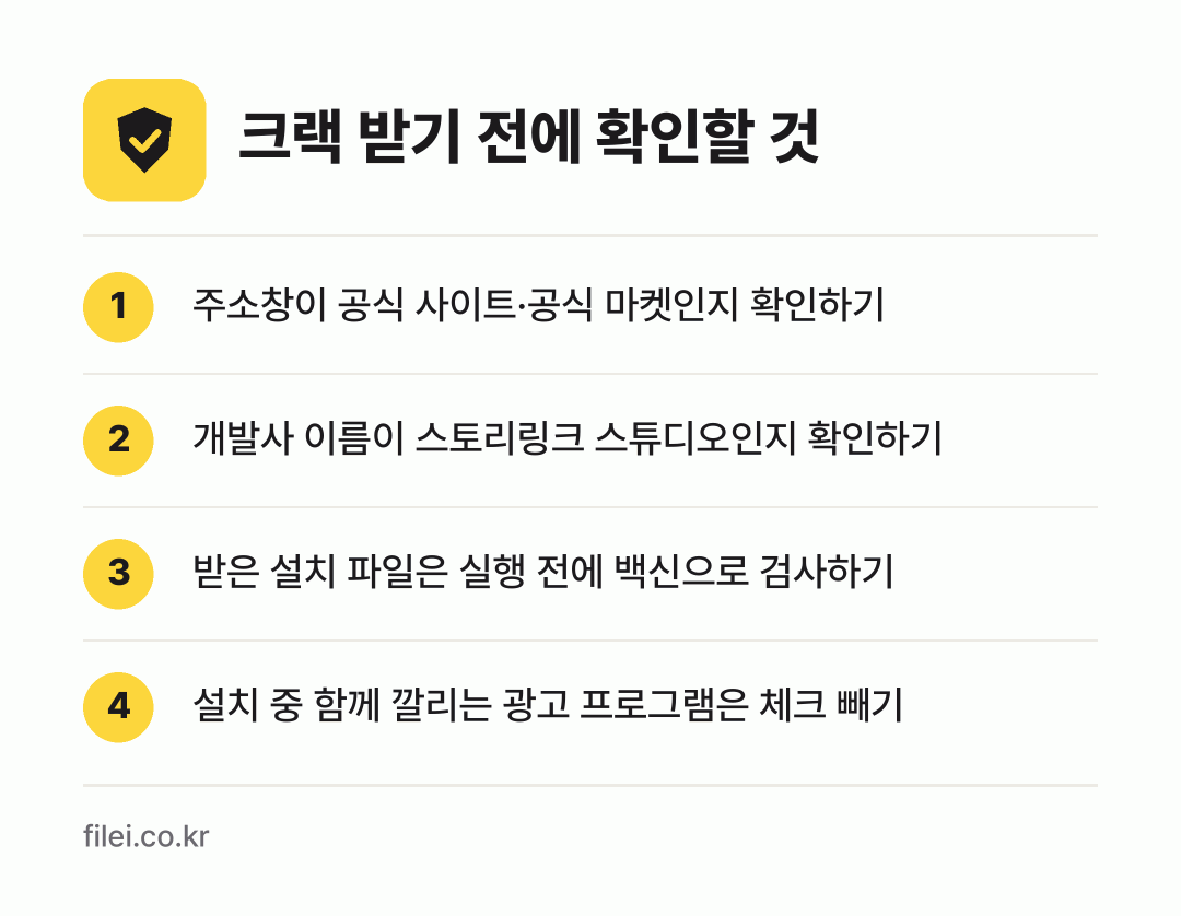 크랙 받기 전에 확인할 것: 주소창이 공식 사이트·공식 마켓인지 확인하기, 개발사 이름이 스토리링크 스튜디오인지 확인하기, 받은 설치 파일은 실행 전에 백신으로 검사하기, 설치 중 함께 깔리는 광고 프로그램은 체크 빼기