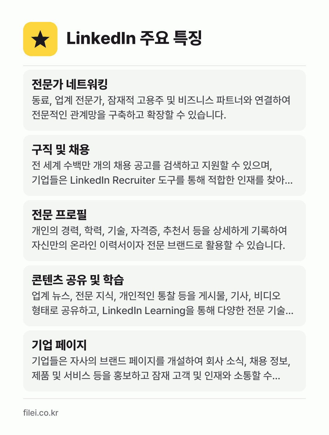LinkedIn 주요 특징: 전문가 네트워킹, 구직 및 채용, 전문 프로필, 콘텐츠 공유 및 학습, 기업 페이지