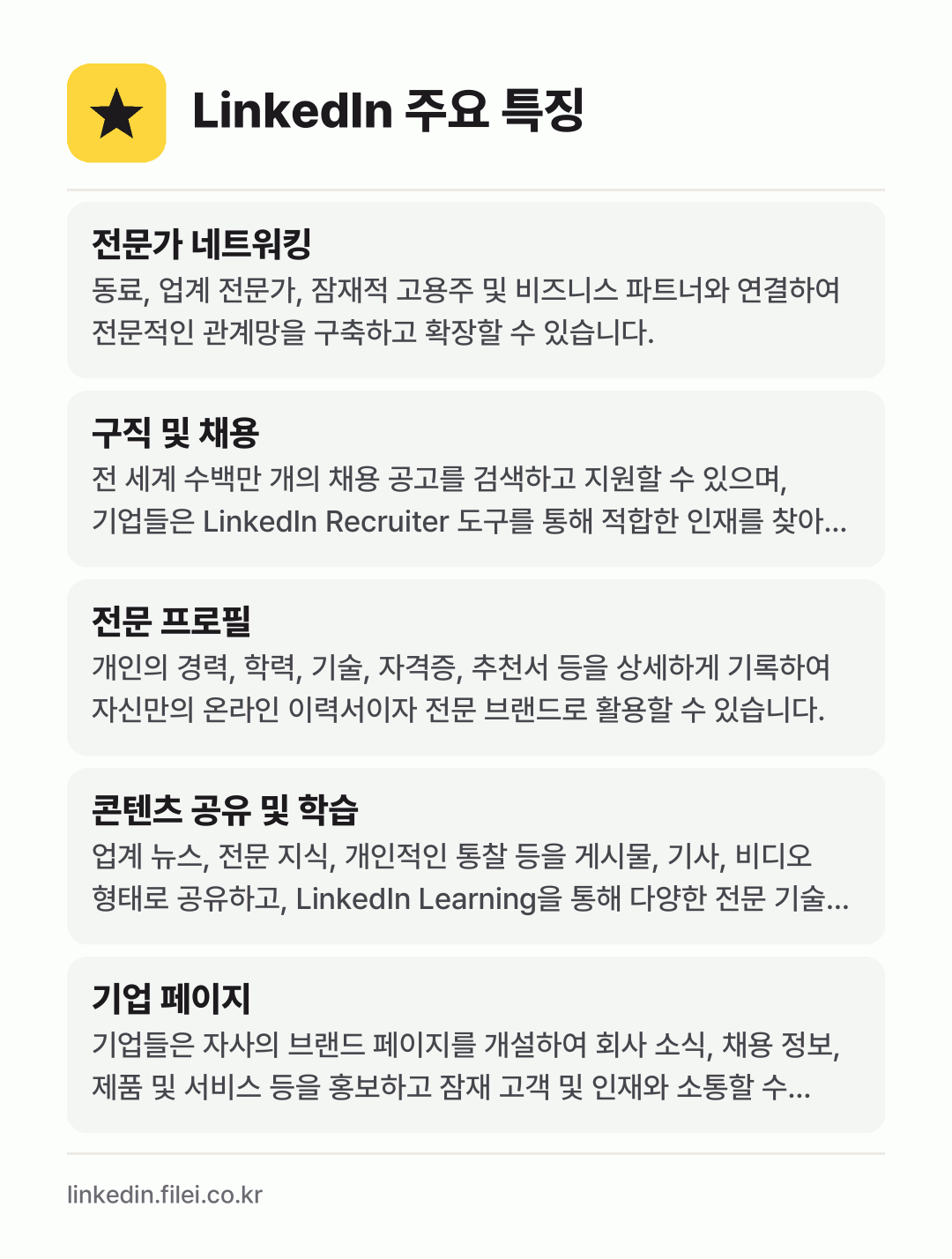 LinkedIn 주요 특징: 전문가 네트워킹, 구직 및 채용, 전문 프로필, 콘텐츠 공유 및 학습, 기업 페이지