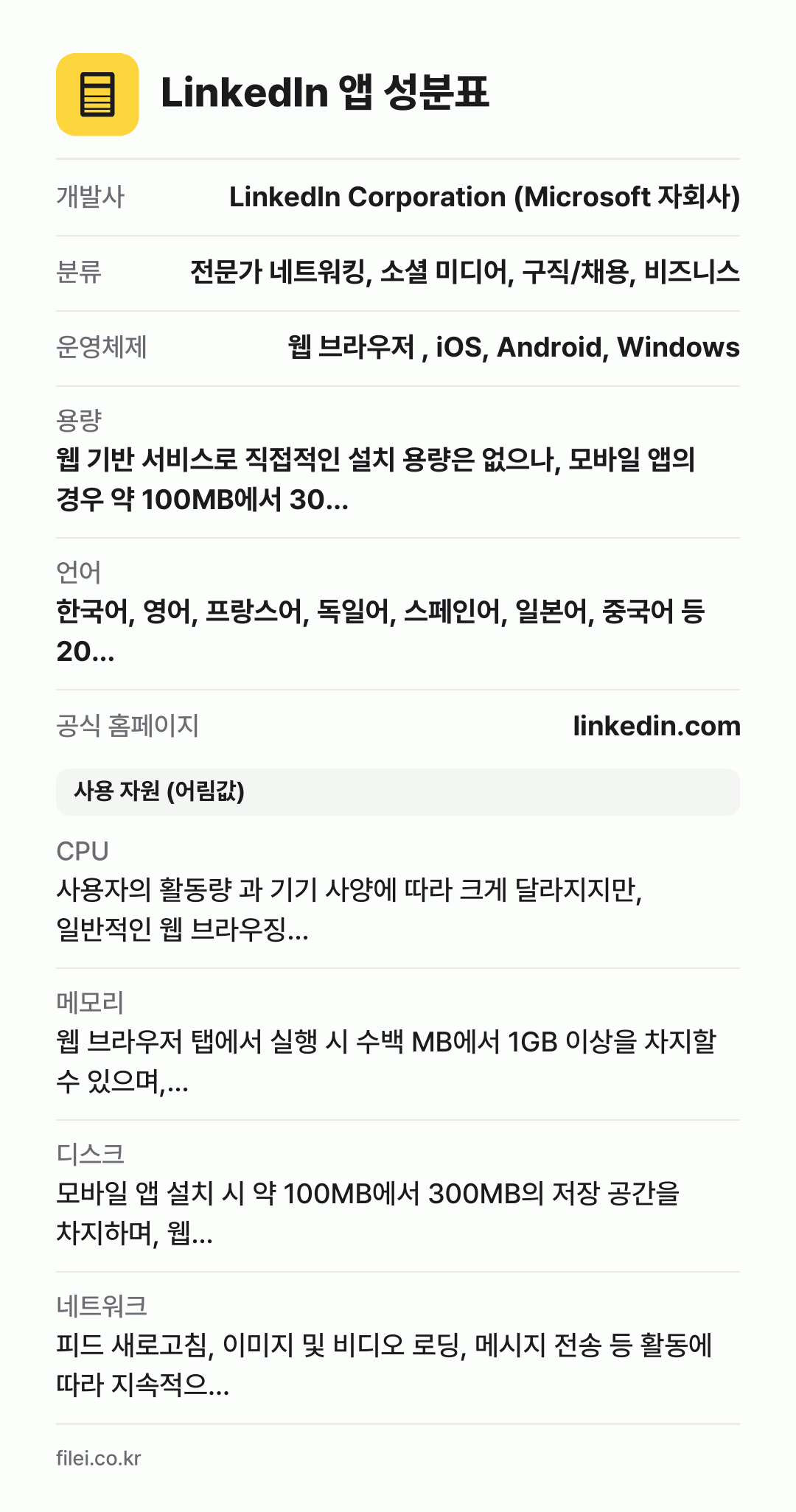 LinkedIn 앱 성분표: 개발사 LinkedIn Corporation (Microsoft 자회사), 분류 전문가 네트워킹, 소셜 미디어, 구직/채용, 비즈니스, 운영체제 웹 브라우저 , iOS, Android, Windows, 용량 웹 기반 서비스로 직접적인 설치 용량은 없으나, 모바일 앱의 경우 약 100MB에서 30…, 언어 한국어, 영어, 프랑스어
