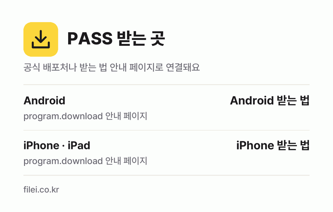 PASS 받는 곳: Android, iPhone · iPad