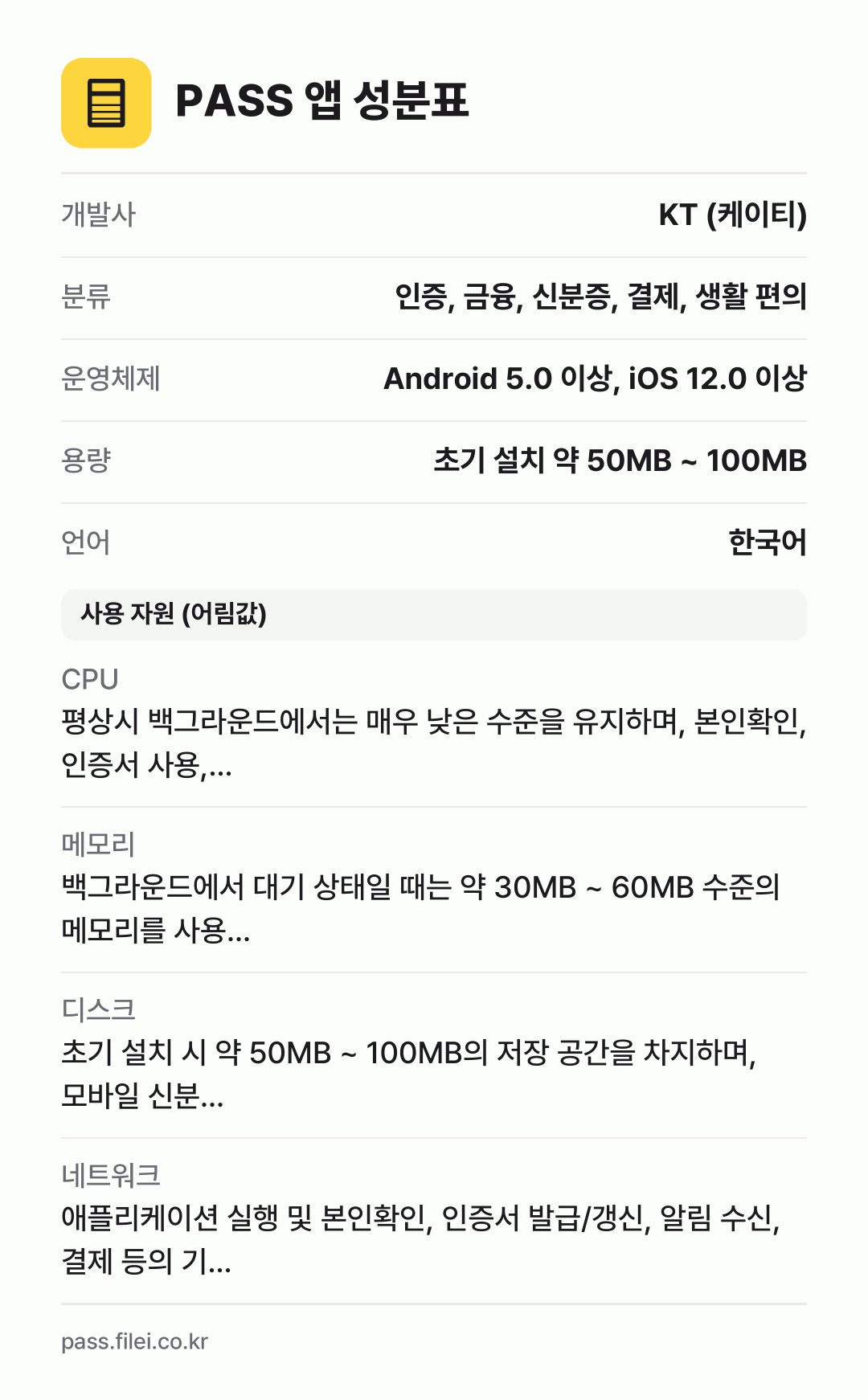 PASS 앱 성분표: 개발사 KT (케이티), 분류 인증, 금융, 신분증, 결제, 생활 편의, 운영체제 Android 5.0 이상, iOS 12.0 이상, 용량 초기 설치 약 50MB ~ 100MB, 언어 한국어