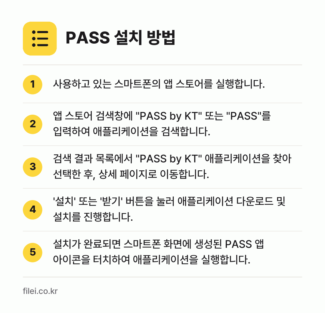 PASS 설치 방법: 사용하고 있는 스마트폰의 앱 스토어를 실행… → 앱 스토어 검색창에 "PASS by KT"… → 검색 결과 목록에서 "PASS by KT"… → '설치' 또는 '받기' 버튼을 눌러 애플리… → 설치가 완료되면 스마트폰 화면에 생성된 P…