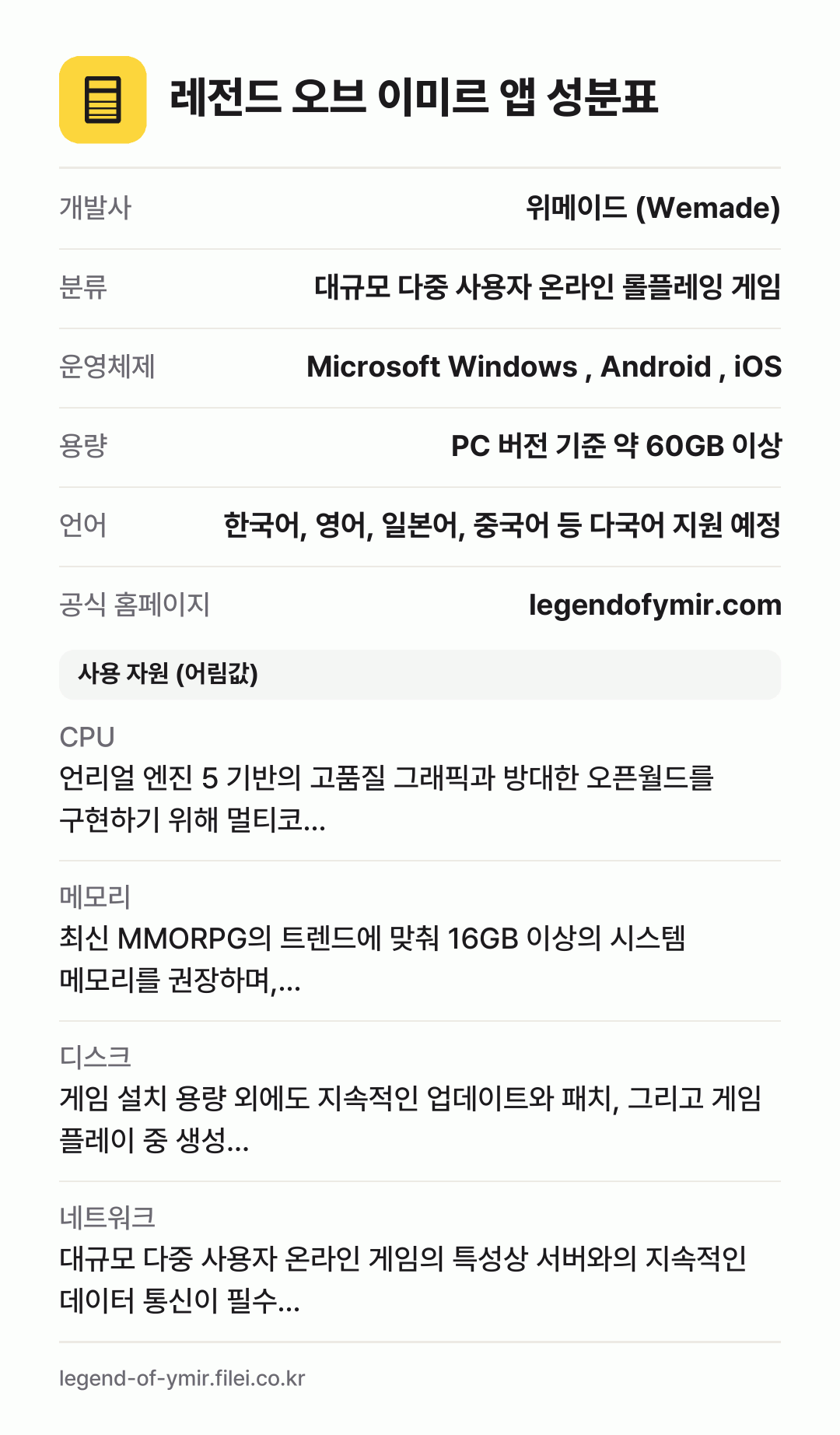 레전드 오브 이미르 앱 성분표: 개발사 위메이드 (Wemade), 분류 대규모 다중 사용자 온라인 롤플레잉 게임, 운영체제 Microsoft Windows , Android , iOS, 용량 PC 버전 기준 약 60GB 이상, 언어 한국어, 영어, 일본어, 중국어 등 다국어 지원 예정