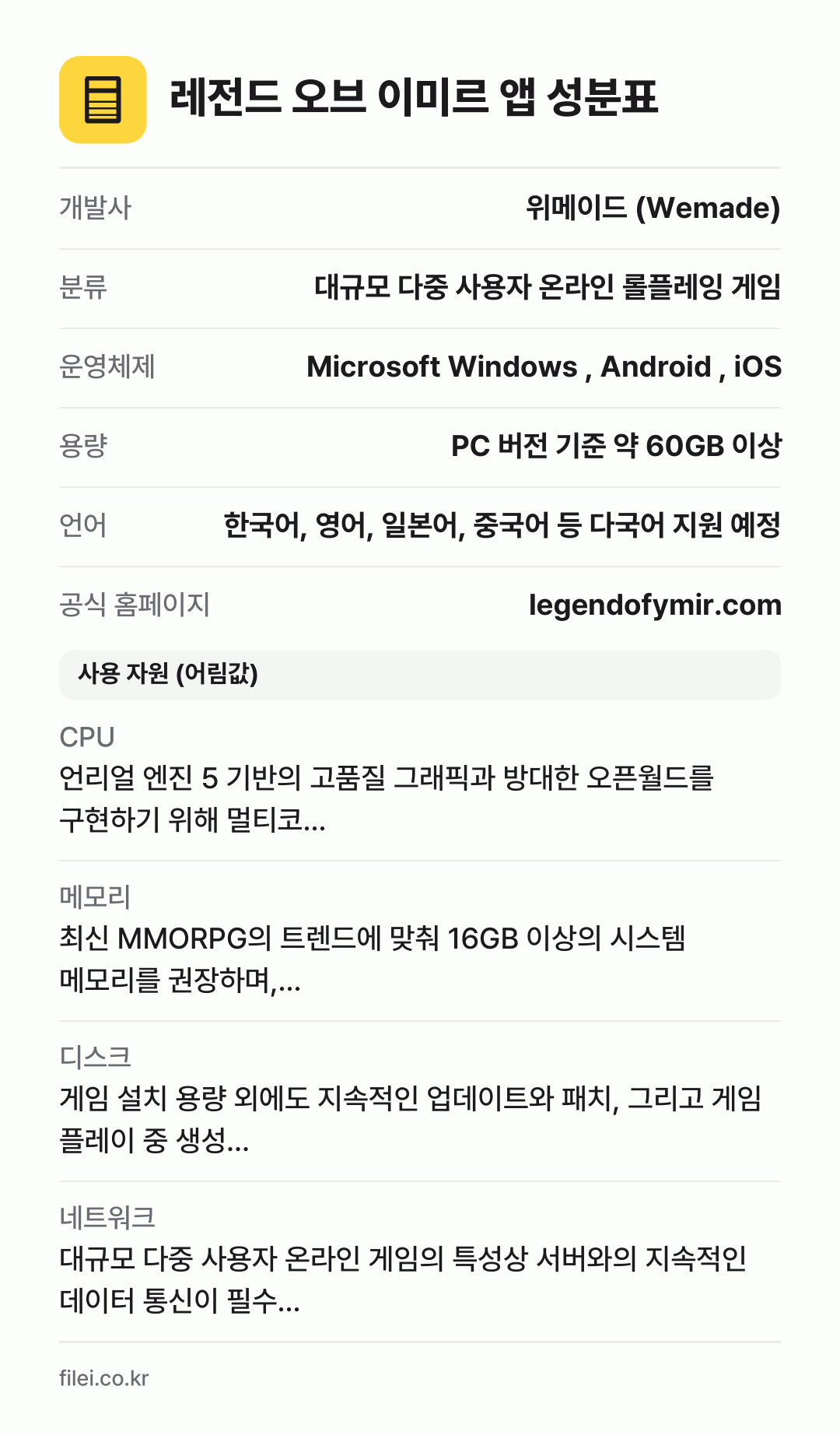레전드 오브 이미르 앱 성분표: 개발사 위메이드 (Wemade), 분류 대규모 다중 사용자 온라인 롤플레잉 게임, 운영체제 Microsoft Windows , Android , iOS, 용량 PC 버전 기준 약 60GB 이상, 언어 한국어, 영어, 일본어, 중국어 등 다국어 지원 예정