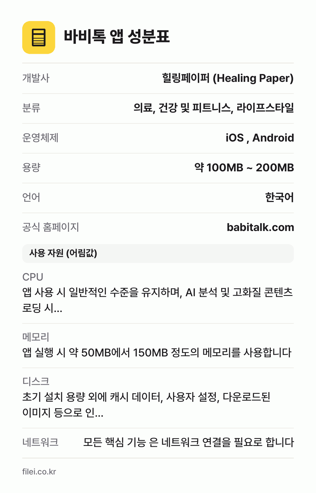 바비톡 앱 성분표: 개발사 힐링페이퍼 (Healing Paper), 분류 의료, 건강 및 피트니스, 라이프스타일, 운영체제 iOS , Android, 용량 약 100MB ~ 200MB, 언어 한국어