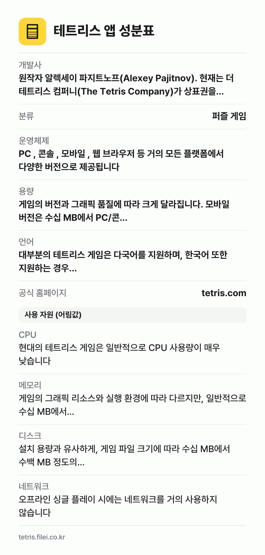 테트리스 앱 성분표: 개발사 원작자 알렉세이 파지트노프(Alexey Pajitnov). 현재는 더 테트리스 컴퍼니(The Tetris Company)가 상표권을 관리하며, EA, 닌텐도, 유비소프트 등 수많은 개발사가 라이선스를 받아 다양한 버전의 게임을 개발하고 있습니다., 분류 퍼즐 게임, 운영체제 PC , 콘솔 , 모바일 , 웹 브라우저 등 거의 모든