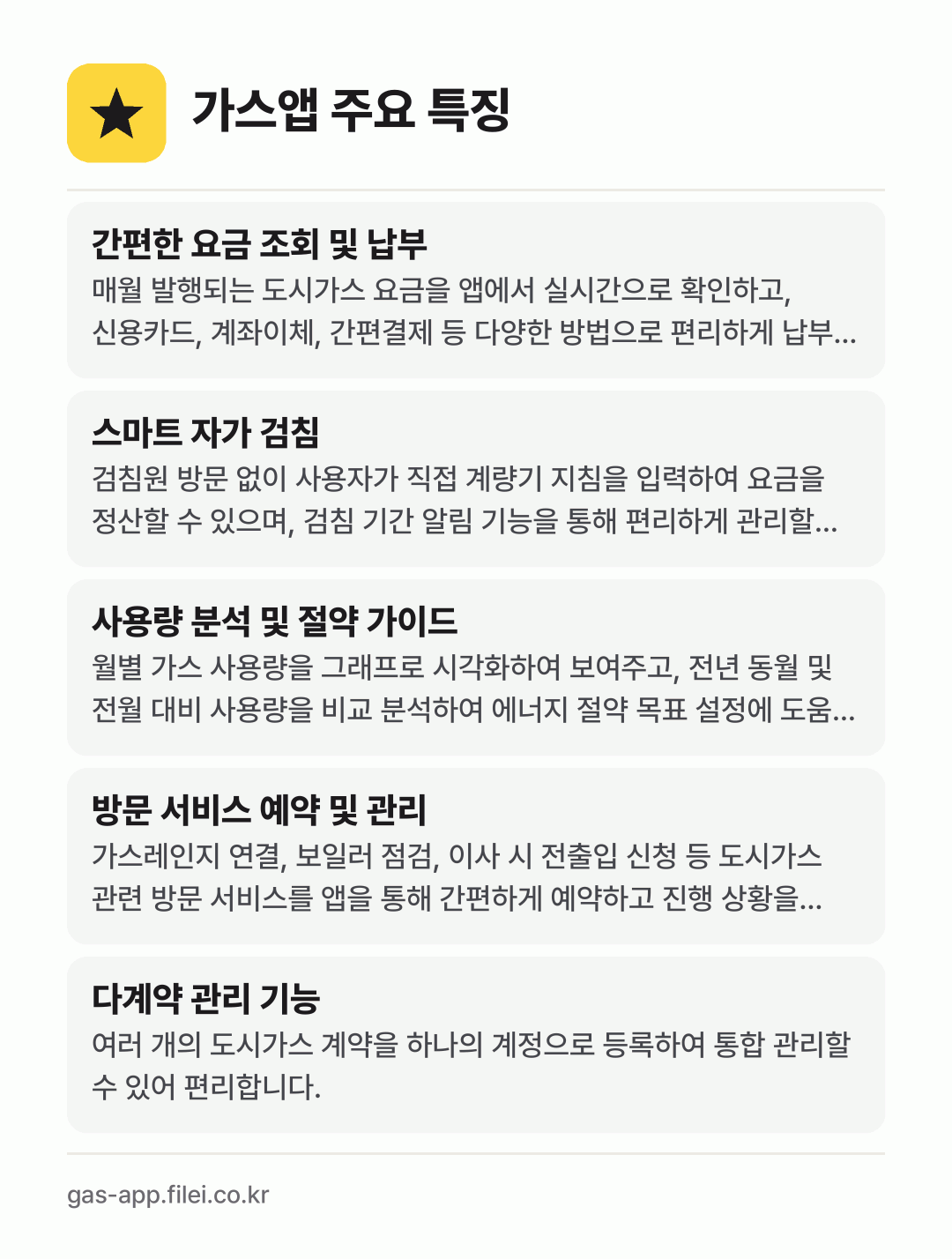 가스앱 주요 특징: 간편한 요금 조회 및 납부, 스마트 자가 검침, 사용량 분석 및 절약 가이드, 방문 서비스 예약 및 관리, 다계약 관리 기능