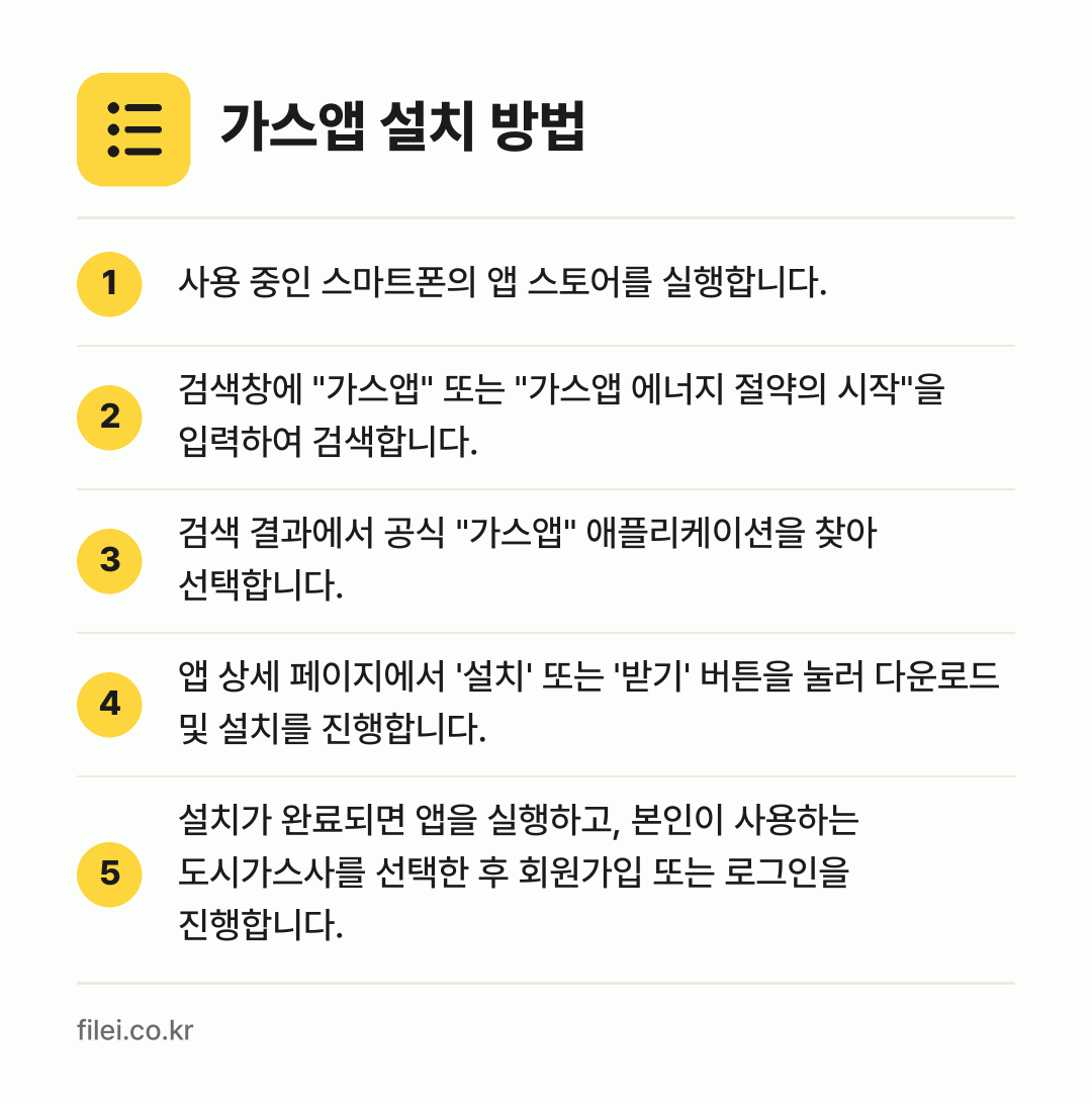 가스앱 설치 방법: 사용 중인 스마트폰의 앱 스토어를 실행합니… → 검색창에 "가스앱" 또는 "가스앱 에너지… → 검색 결과에서 공식 "가스앱" 애플리케이션… → 앱 상세 페이지에서 '설치' 또는 '받기'… → 설치가 완료되면 앱을 실행하고, 본인이 사…