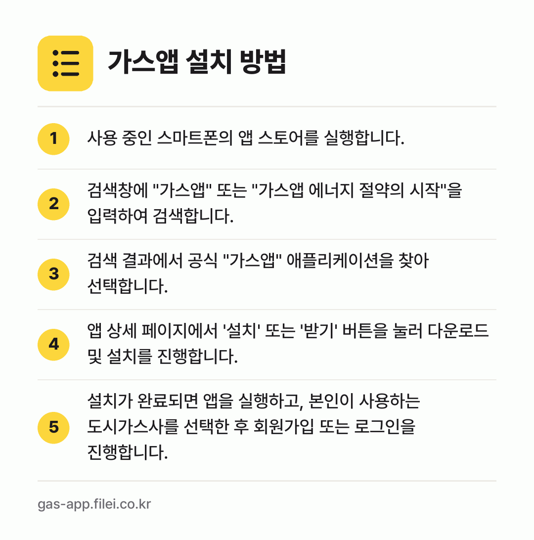 가스앱 설치 방법: 사용 중인 스마트폰의 앱 스토어를 실행합니… → 검색창에 "가스앱" 또는 "가스앱 에너지… → 검색 결과에서 공식 "가스앱" 애플리케이션… → 앱 상세 페이지에서 '설치' 또는 '받기'… → 설치가 완료되면 앱을 실행하고, 본인이 사…