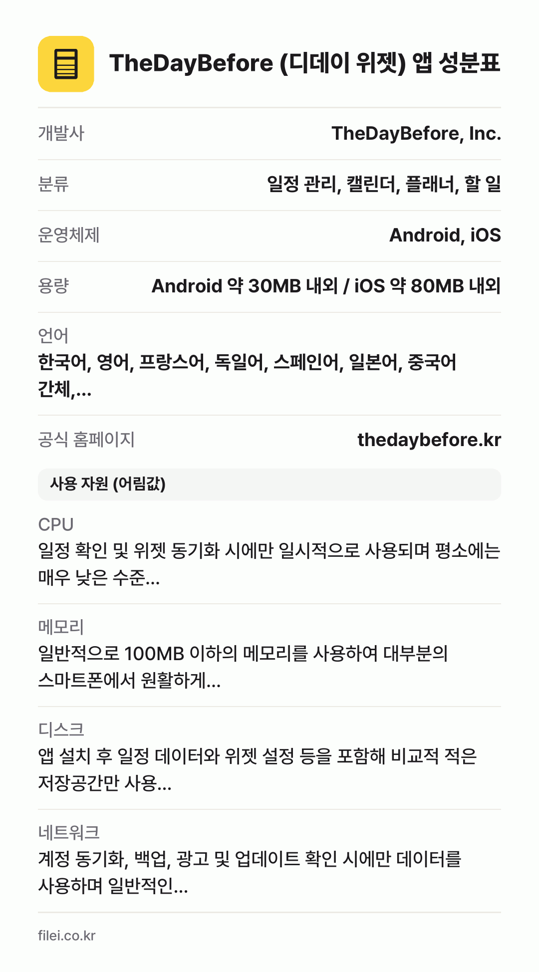 TheDayBefore (디데이 위젯) 앱 성분표: 개발사 TheDayBefore, Inc., 분류 일정 관리, 캘린더, 플래너, 할 일, 운영체제 Android, iOS, 용량 Android 약 30MB 내외 / iOS 약 80MB 내외, 언어 한국어, 영어, 프랑스어, 독일어, 스페인어, 일본어, 중국어 간체,…