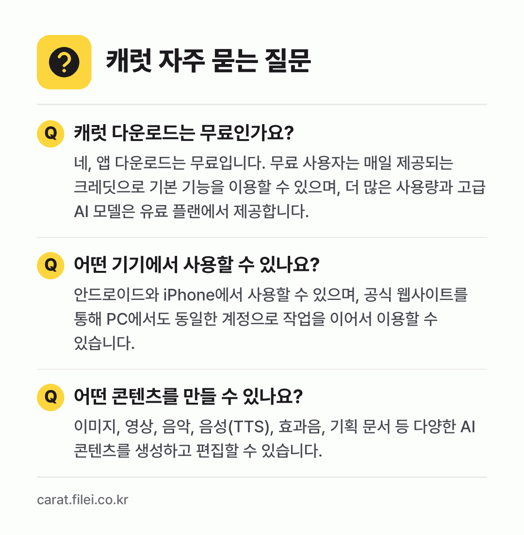 캐럿 자주 묻는 질문: 캐럿 다운로드는 무료인가요? / 어떤 기기에서 사용할 수 있나요? / 어떤 콘텐츠를 만들 수 있나요?