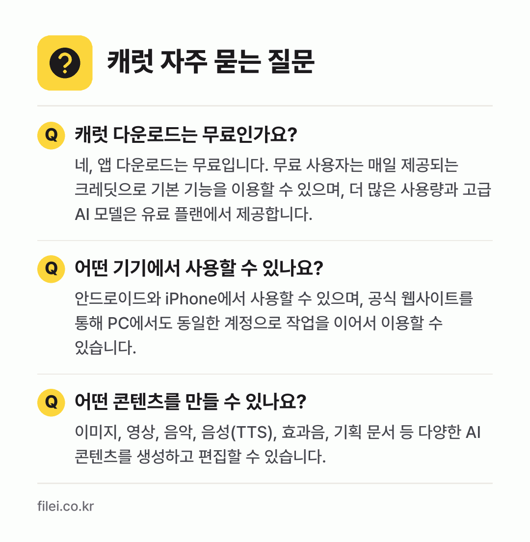 캐럿 자주 묻는 질문: 캐럿 다운로드는 무료인가요? / 어떤 기기에서 사용할 수 있나요? / 어떤 콘텐츠를 만들 수 있나요?