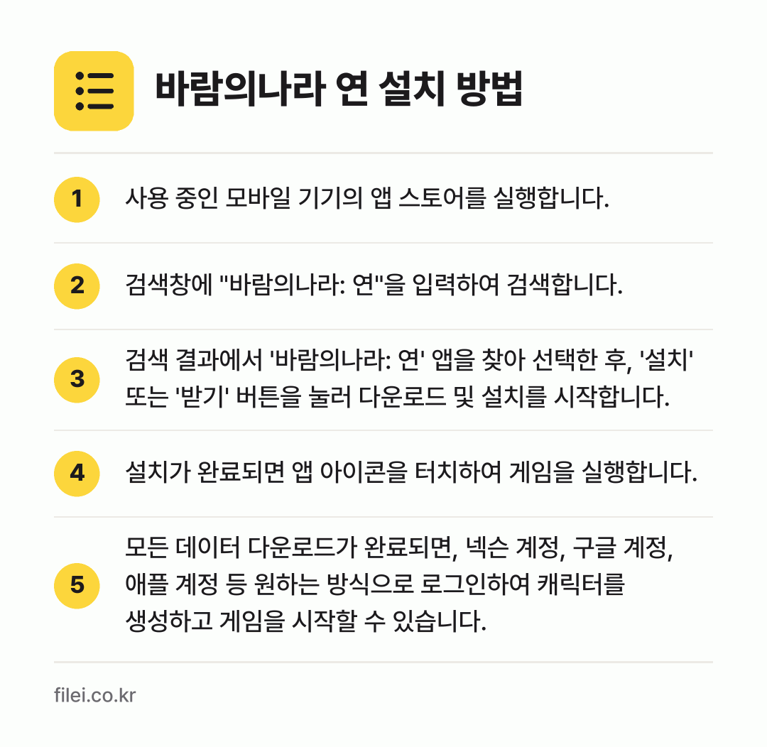 바람의나라 연 설치 방법: 사용 중인 모바일 기기의 앱 스토어를 실행… → 검색창에 "바람의나라: 연"을 입력하여 검… → 검색 결과에서 '바람의나라: 연' 앱을 찾… → 설치가 완료되면 앱 아이콘을 터치하여 게임… → 모든 데이터 다운로드가 완료되면, 넥슨 계…
