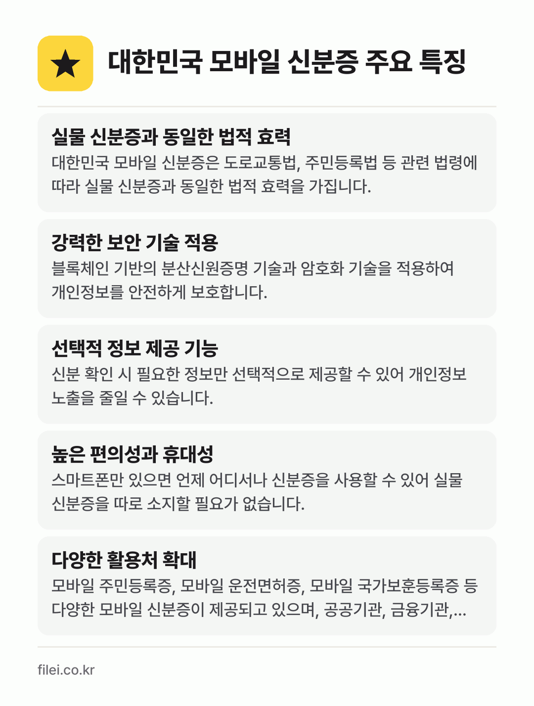 대한민국 모바일 신분증 주요 특징: 실물 신분증과 동일한 법적 효력, 강력한 보안 기술 적용, 선택적 정보 제공 기능, 높은 편의성과 휴대성, 다양한 활용처 확대