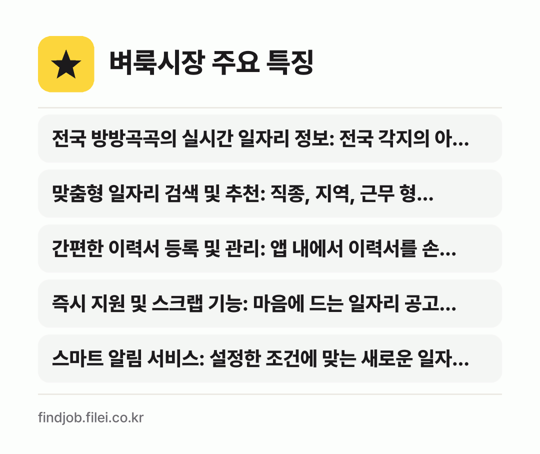 벼룩시장 주요 특징: 전국 방방곡곡의 실시간 일자리 정보: 전국 각지의 아…, 맞춤형 일자리 검색 및 추천: 직종, 지역, 근무 형…, 간편한 이력서 등록 및 관리: 앱 내에서 이력서를 손…, 즉시 지원 및 스크랩 기능: 마음에 드는 일자리 공고…, 스마트 알림 서비스: 설정한 조건에 맞는 새로운 일자…