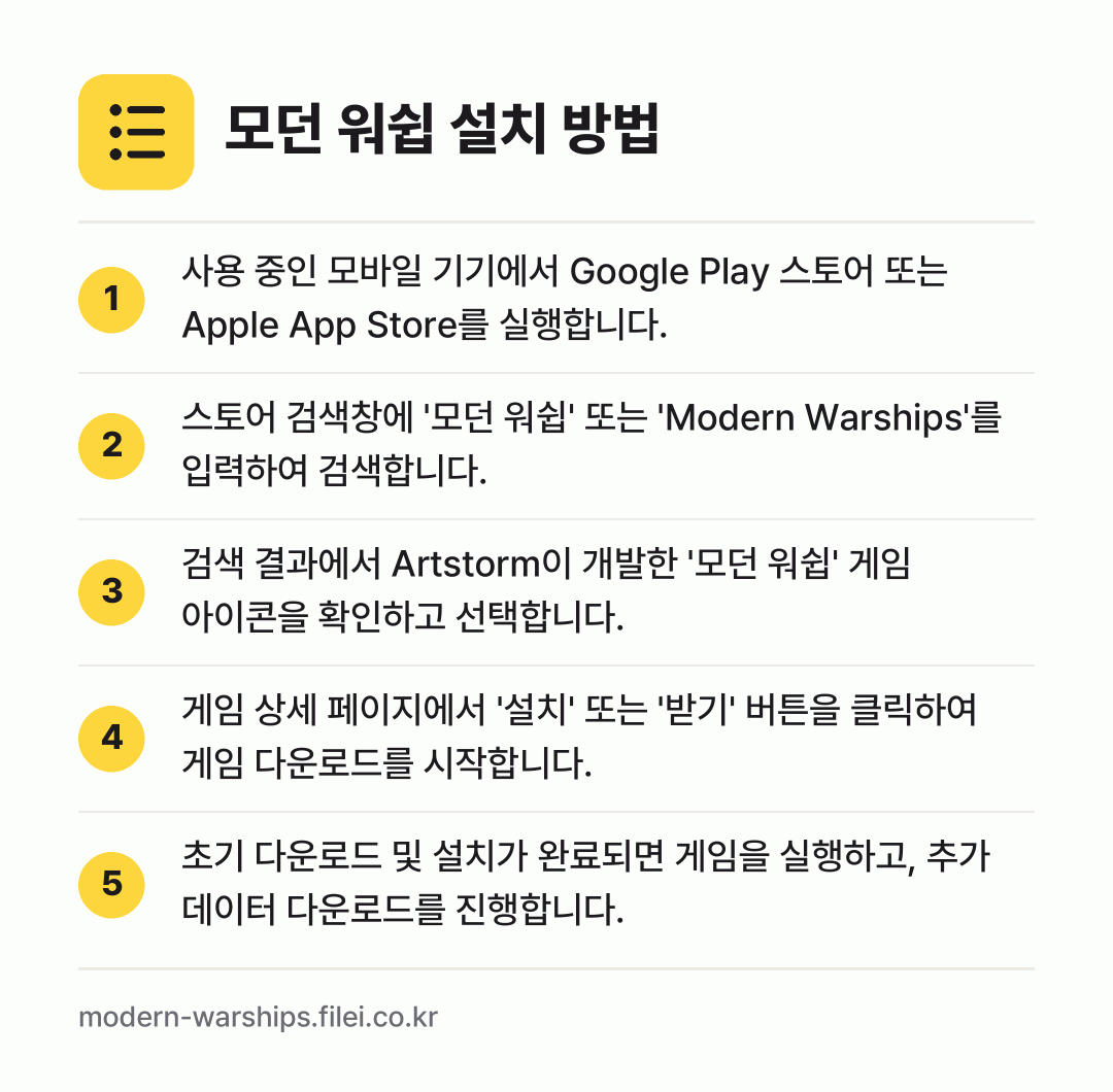 모던 워쉽 설치 방법: 사용 중인 모바일 기기에서 Google P… → 스토어 검색창에 '모던 워쉽' 또는 'Mo… → 검색 결과에서 Artstorm이 개발한 '… → 게임 상세 페이지에서 '설치' 또는 '받기… → 초기 다운로드 및 설치가 완료되면 게임을…