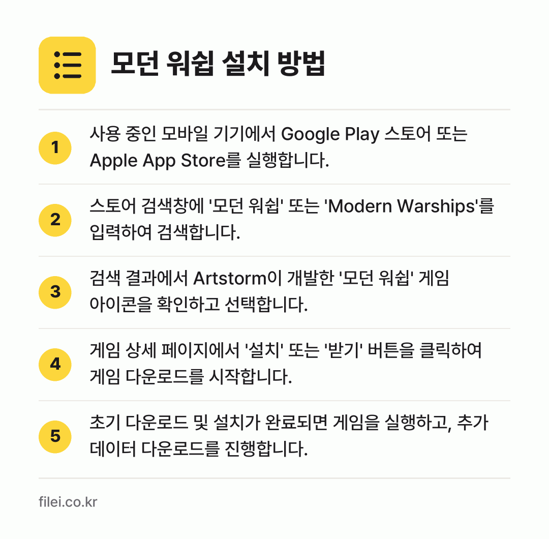 모던 워쉽 설치 방법: 사용 중인 모바일 기기에서 Google P… → 스토어 검색창에 '모던 워쉽' 또는 'Mo… → 검색 결과에서 Artstorm이 개발한 '… → 게임 상세 페이지에서 '설치' 또는 '받기… → 초기 다운로드 및 설치가 완료되면 게임을…