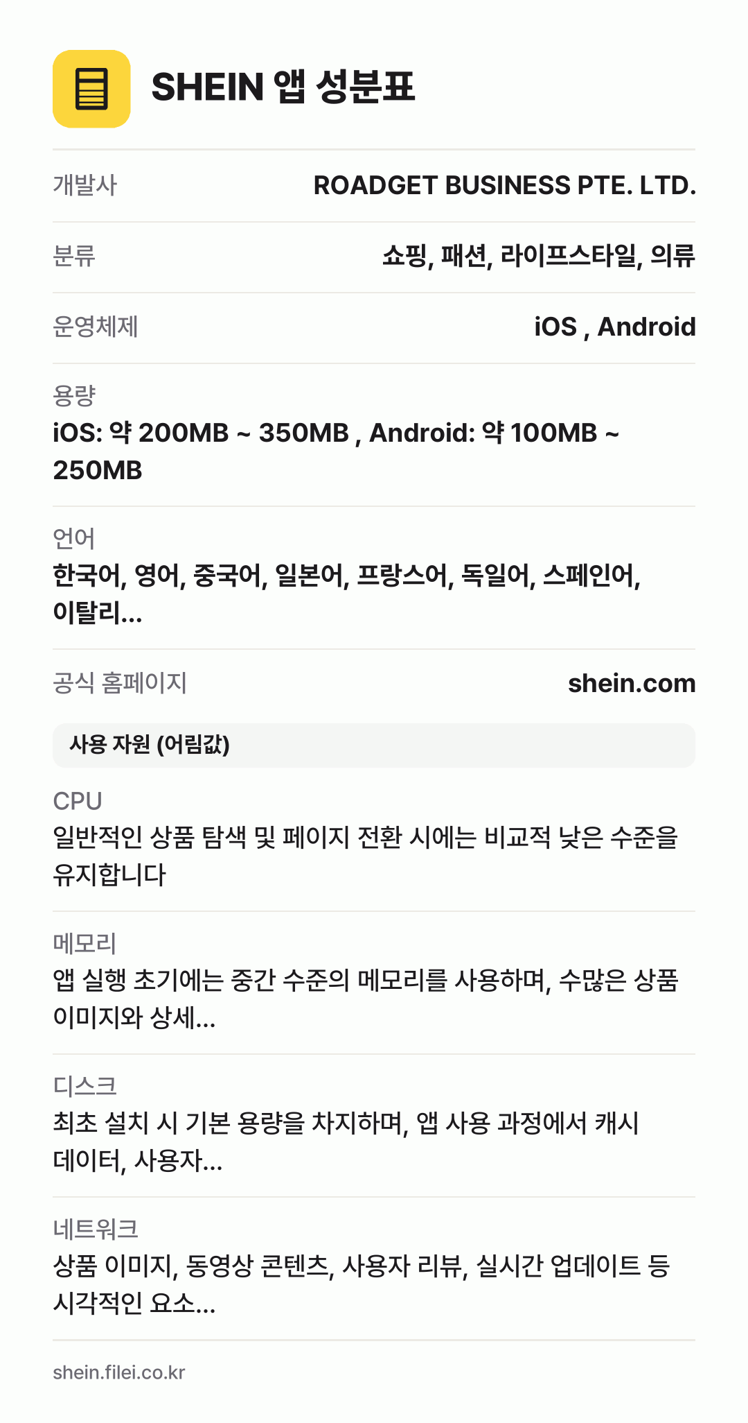 SHEIN 앱 성분표: 개발사 ROADGET BUSINESS PTE. LTD., 분류 쇼핑, 패션, 라이프스타일, 의류, 운영체제 iOS , Android, 용량 iOS: 약 200MB ~ 350MB , Android: 약 100MB ~ 250MB, 언어 한국어, 영어, 중국어, 일본어, 프랑스어, 독일어, 스페인어, 이탈리…