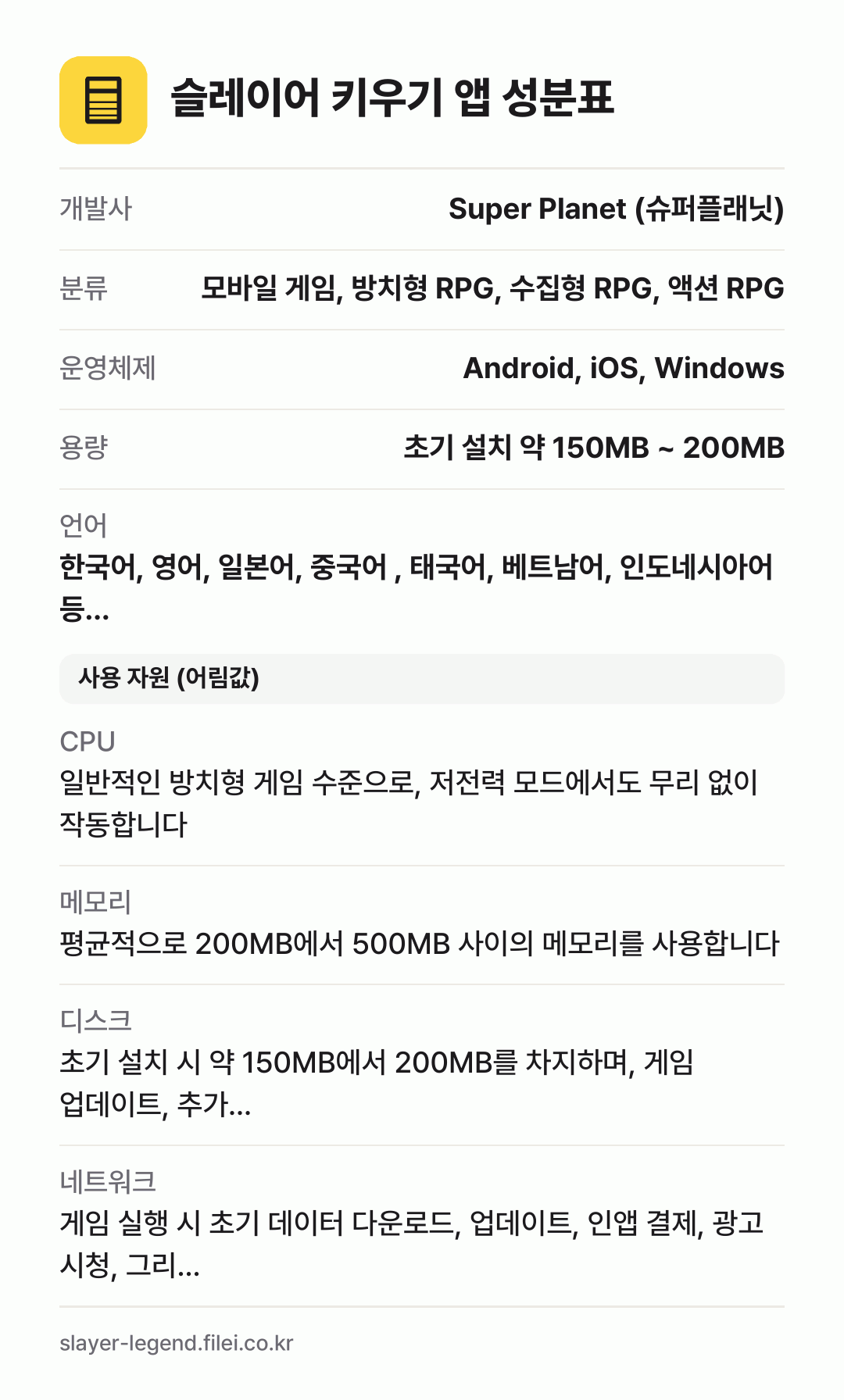 슬레이어 키우기 앱 성분표: 개발사 Super Planet (슈퍼플래닛), 분류 모바일 게임, 방치형 RPG, 수집형 RPG, 액션 RPG, 운영체제 Android, iOS, Windows, 용량 초기 설치 약 150MB ~ 200MB, 언어 한국어, 영어, 일본어, 중국어 , 태국어, 베트남어, 인도네시아어 등…