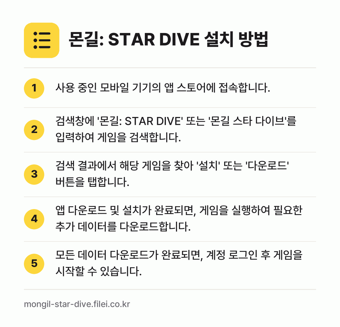 몬길: STAR DIVE 설치 방법: 사용 중인 모바일 기기의 앱 스토어에 접속… → 검색창에 '몬길: STAR DIVE' 또는… → 검색 결과에서 해당 게임을 찾아 '설치'… → 앱 다운로드 및 설치가 완료되면, 게임을… → 모든 데이터 다운로드가 완료되면, 계정 로…