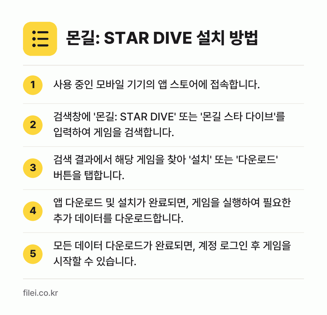 몬길: STAR DIVE 설치 방법: 사용 중인 모바일 기기의 앱 스토어에 접속… → 검색창에 '몬길: STAR DIVE' 또는… → 검색 결과에서 해당 게임을 찾아 '설치'… → 앱 다운로드 및 설치가 완료되면, 게임을… → 모든 데이터 다운로드가 완료되면, 계정 로…