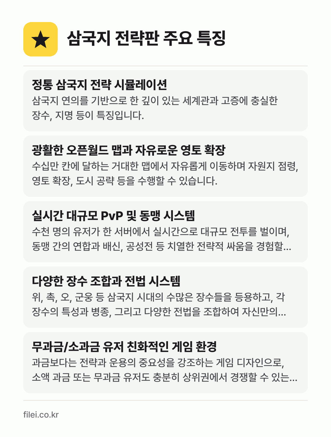 삼국지 전략판 주요 특징: 정통 삼국지 전략 시뮬레이션, 광활한 오픈월드 맵과 자유로운 영토 확장, 실시간 대규모 PvP 및 동맹 시스템, 다양한 장수 조합과 전법 시스템, 무과금/소과금 유저 친화적인 게임 환경