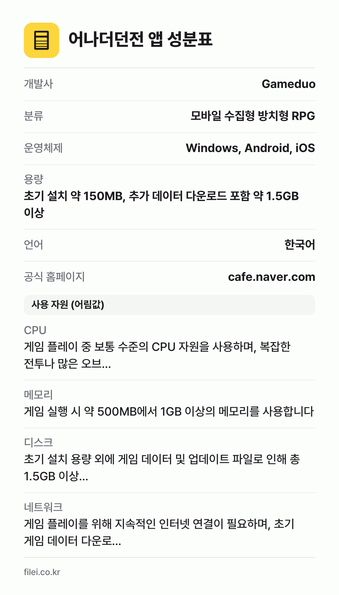 어나더던전 앱 성분표: 개발사 Gameduo, 분류 모바일 수집형 방치형 RPG, 운영체제 Windows, Android, iOS, 용량 초기 설치 약 150MB, 추가 데이터 다운로드 포함 약 1.5GB 이상, 언어 한국어