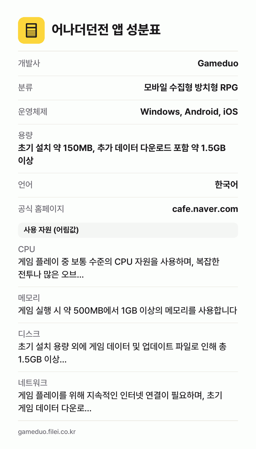 어나더던전 앱 성분표: 개발사 Gameduo, 분류 모바일 수집형 방치형 RPG, 운영체제 Windows, Android, iOS, 용량 초기 설치 약 150MB, 추가 데이터 다운로드 포함 약 1.5GB 이상, 언어 한국어