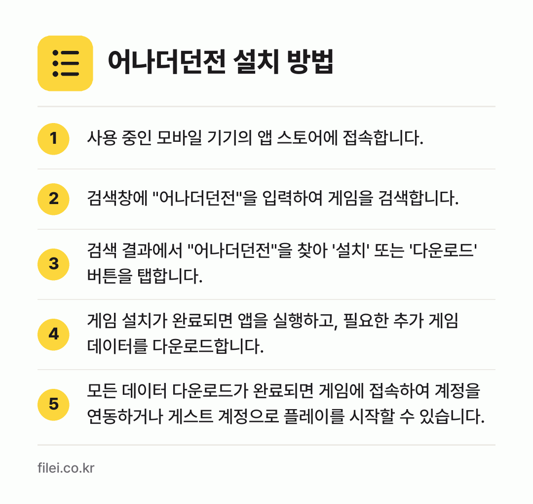 어나더던전 설치 방법: 사용 중인 모바일 기기의 앱 스토어에 접속… → 검색창에 "어나더던전"을 입력하여 게임을… → 검색 결과에서 "어나더던전"을 찾아 '설치… → 게임 설치가 완료되면 앱을 실행하고, 필요… → 모든 데이터 다운로드가 완료되면 게임에 접…