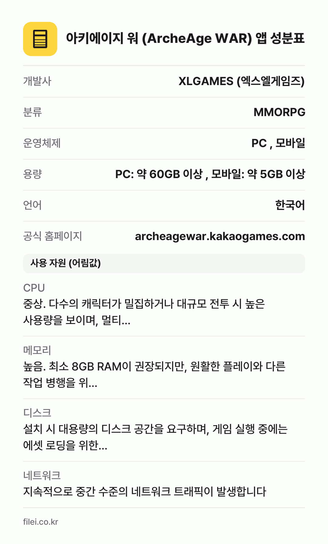 아키에이지 워 (ArcheAge WAR) 앱 성분표: 개발사 XLGAMES (엑스엘게임즈), 분류 MMORPG, 운영체제 PC , 모바일, 용량 PC: 약 60GB 이상 , 모바일: 약 5GB 이상, 언어 한국어