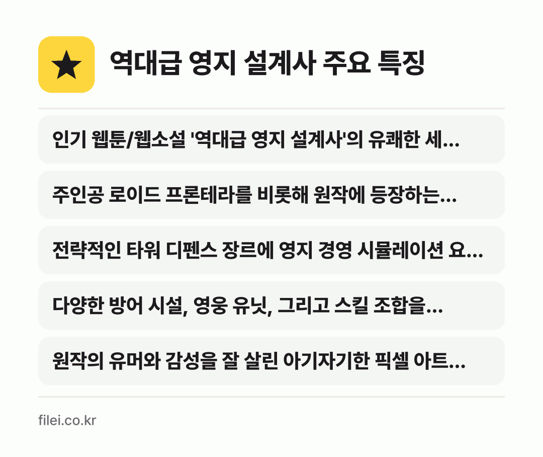 역대급 영지 설계사 주요 특징: 인기 웹툰/웹소설 '역대급 영지 설계사'의 유쾌한 세…, 주인공 로이드 프론테라를 비롯해 원작에 등장하는 개성…, 전략적인 타워 디펜스 장르에 영지 경영 시뮬레이션 요…, 다양한 방어 시설, 영웅 유닛, 그리고 스킬 조합을…, 원작의 유머와 감성을 잘 살린 아기자기한 픽셀 아트…