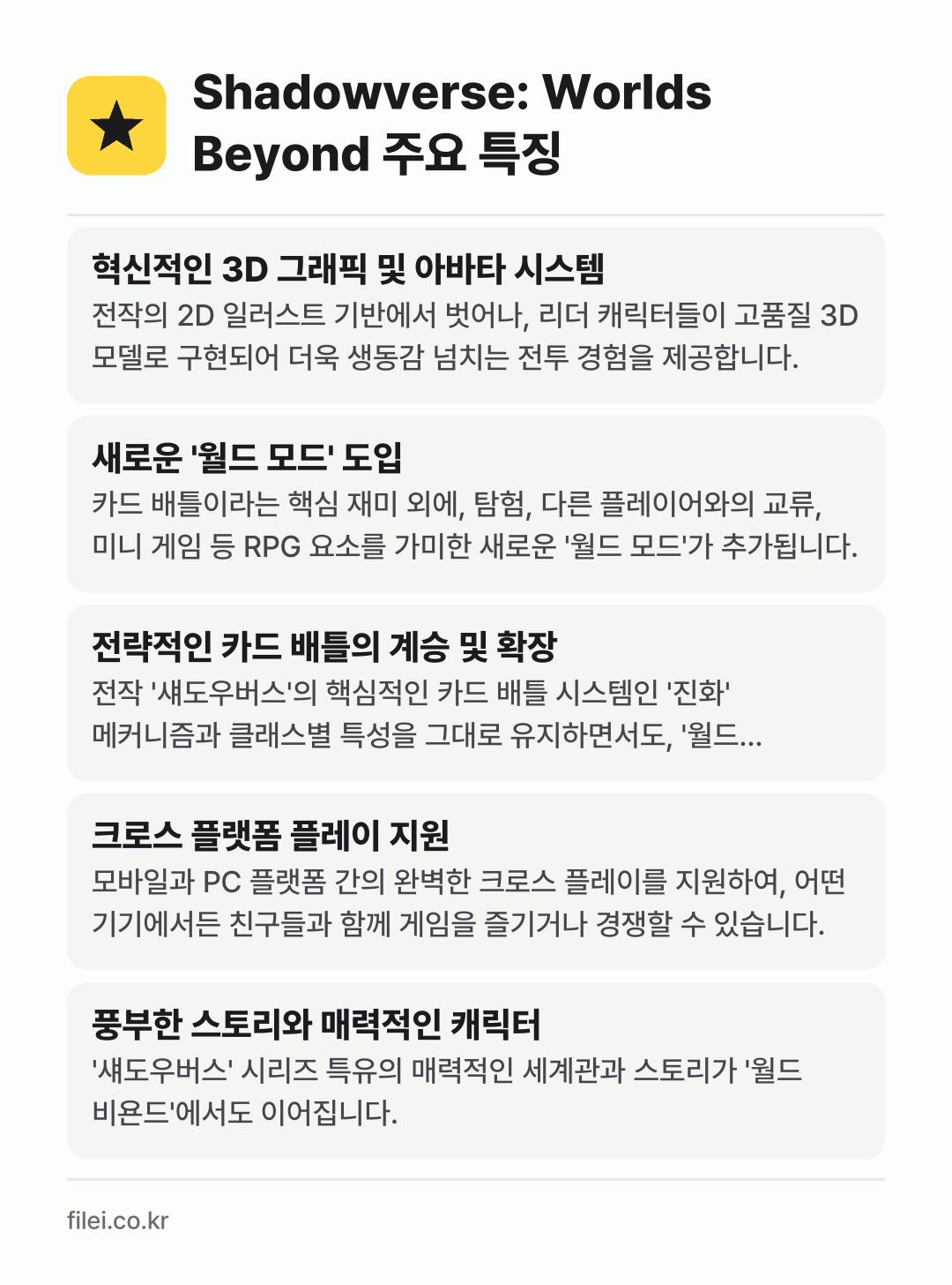 Shadowverse: Worlds Beyond 주요 특징: 혁신적인 3D 그래픽 및 아바타 시스템, 새로운 '월드 모드' 도입, 전략적인 카드 배틀의 계승 및 확장, 크로스 플랫폼 플레이 지원, 풍부한 스토리와 매력적인 캐릭터