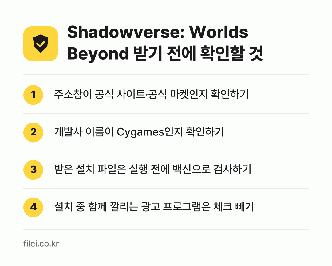 Shadowverse: Worlds Beyond 받기 전에 확인할 것: 주소창이 공식 사이트·공식 마켓인지 확인하기, 개발사 이름이 Cygames인지 확인하기, 받은 설치 파일은 실행 전에 백신으로 검사하기, 설치 중 함께 깔리는 광고 프로그램은 체크 빼기
