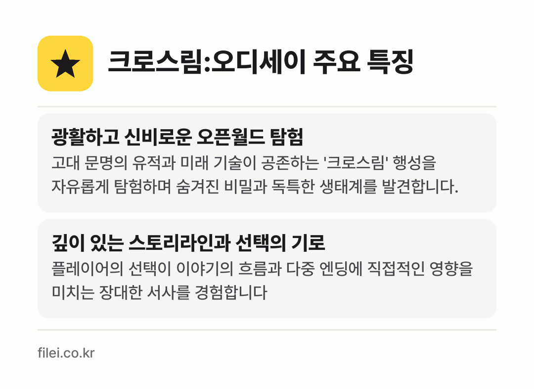 크로스림:오디세이 주요 특징: 광활하고 신비로운 오픈월드 탐험, 깊이 있는 스토리라인과 선택의 기로