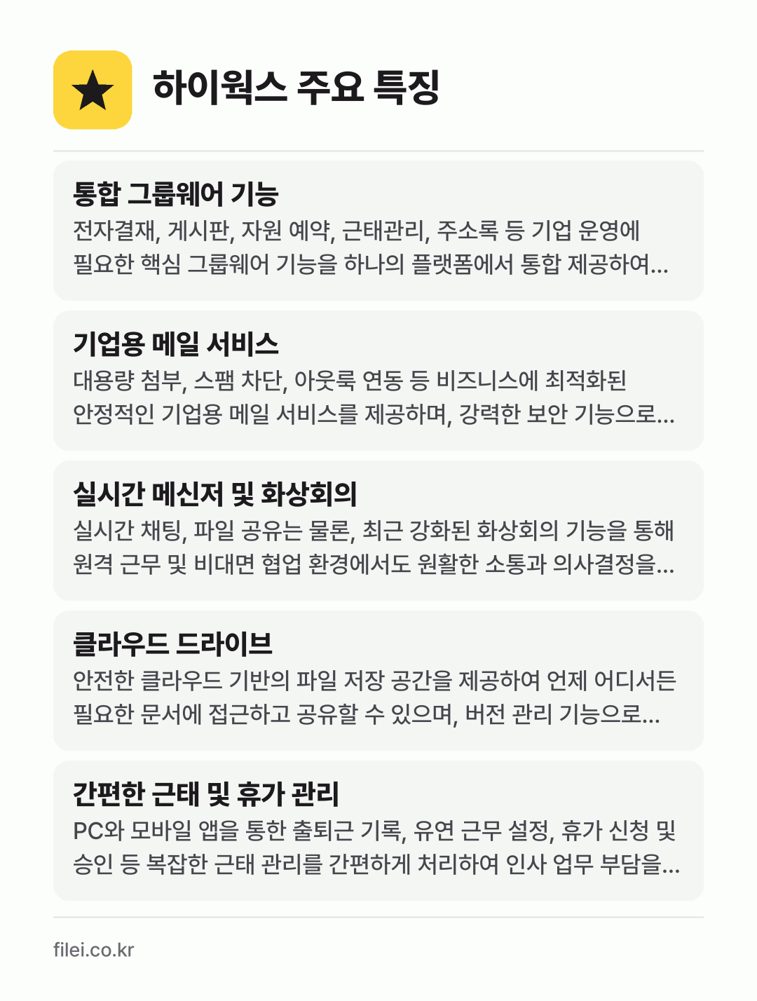 하이웍스 주요 특징: 통합 그룹웨어 기능, 기업용 메일 서비스, 실시간 메신저 및 화상회의, 클라우드 드라이브, 간편한 근태 및 휴가 관리
