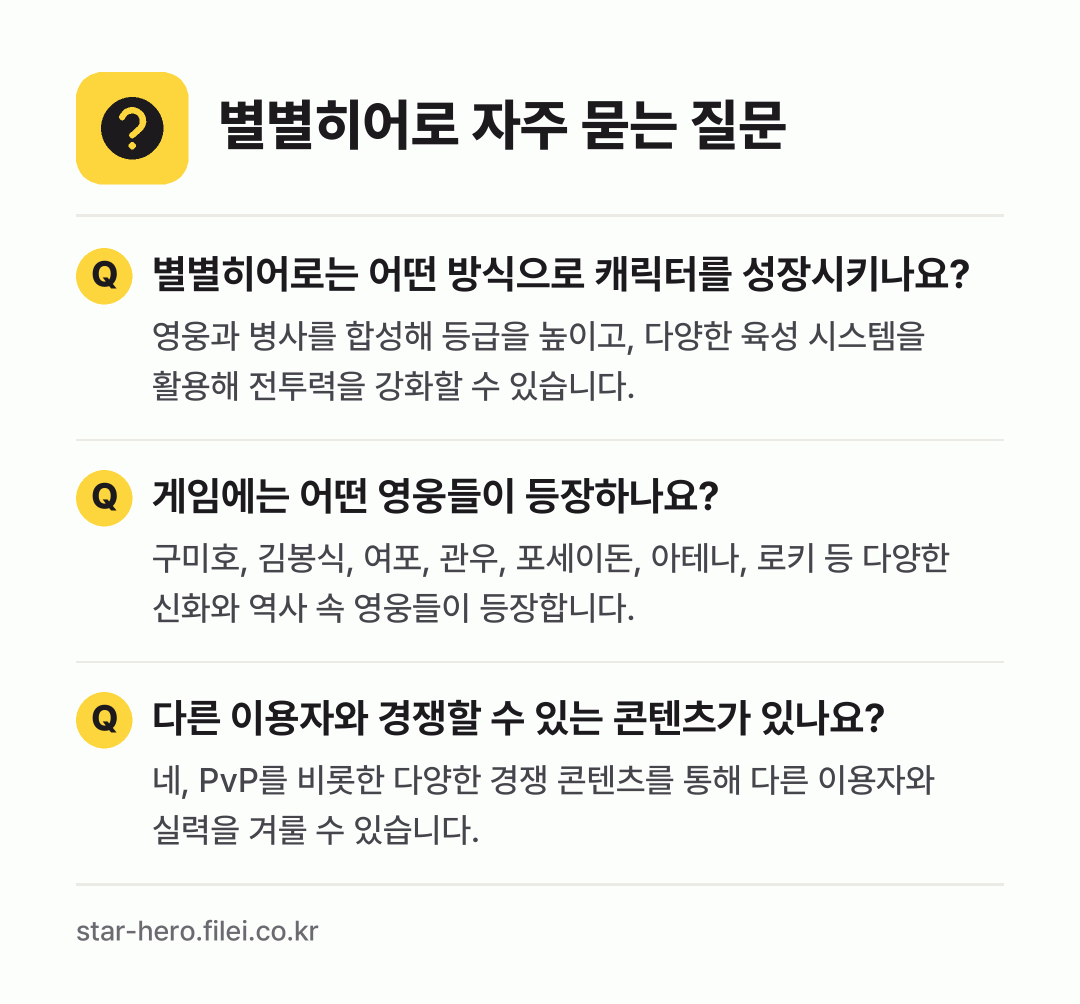 별별히어로 자주 묻는 질문: 별별히어로는 어떤 방식으로 캐릭터를 성장시키나요? / 게임에는 어떤 영웅들이 등장하나요? / 다른 이용자와 경쟁할 수 있는 콘텐츠가 있나요?