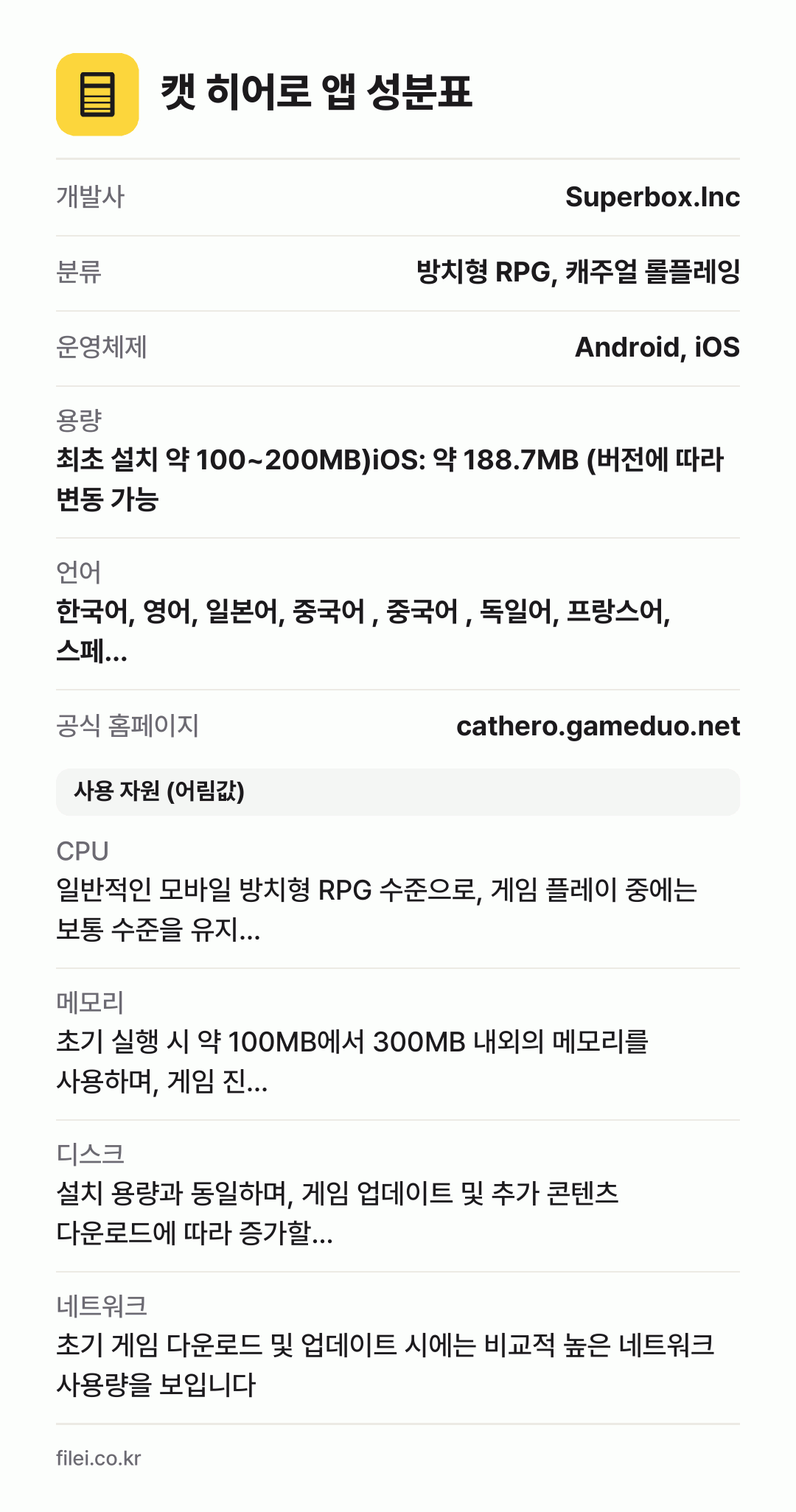 캣 히어로 앱 성분표: 개발사 Superbox.Inc, 분류 방치형 RPG, 캐주얼 롤플레잉, 운영체제 Android, iOS, 용량 최초 설치 약 100~200MB)iOS: 약 188.7MB (버전에 따라 변동 가능, 언어 한국어, 영어, 일본어, 중국어 , 중국어 , 독일어, 프랑스어, 스페…