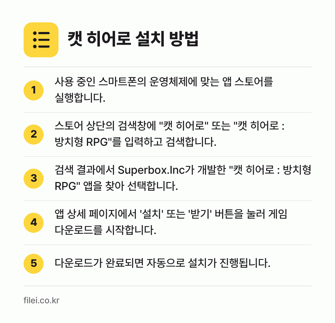 캣 히어로 설치 방법: 사용 중인 스마트폰의 운영체제에 맞는 앱… → 스토어 상단의 검색창에 "캣 히어로" 또는… → 검색 결과에서 Superbox.Inc가 개… → 앱 상세 페이지에서 '설치' 또는 '받기'… → 다운로드가 완료되면 자동으로 설치가 진행됩…