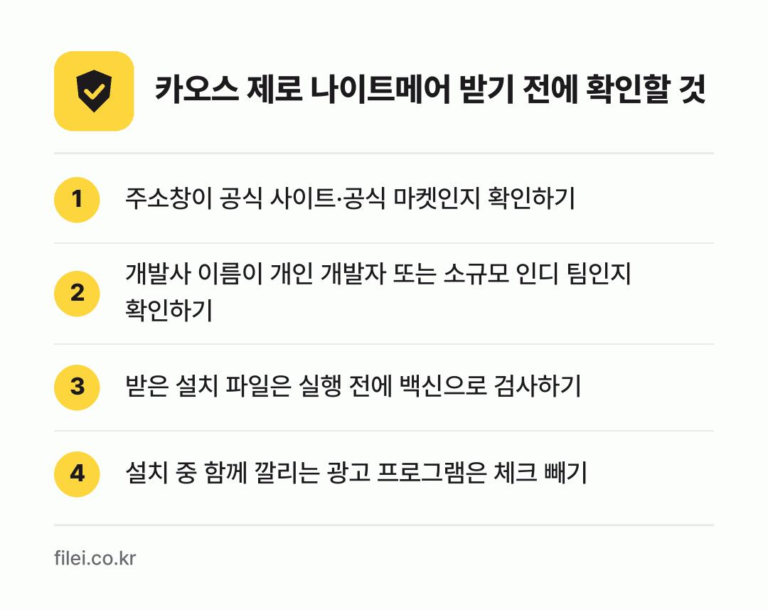 카오스 제로 나이트메어 받기 전에 확인할 것: 주소창이 공식 사이트·공식 마켓인지 확인하기, 개발사 이름이 개인 개발자 또는 소규모 인디 팀인지 확인하기, 받은 설치 파일은 실행 전에 백신으로 검사하기, 설치 중 함께 깔리는 광고 프로그램은 체크 빼기