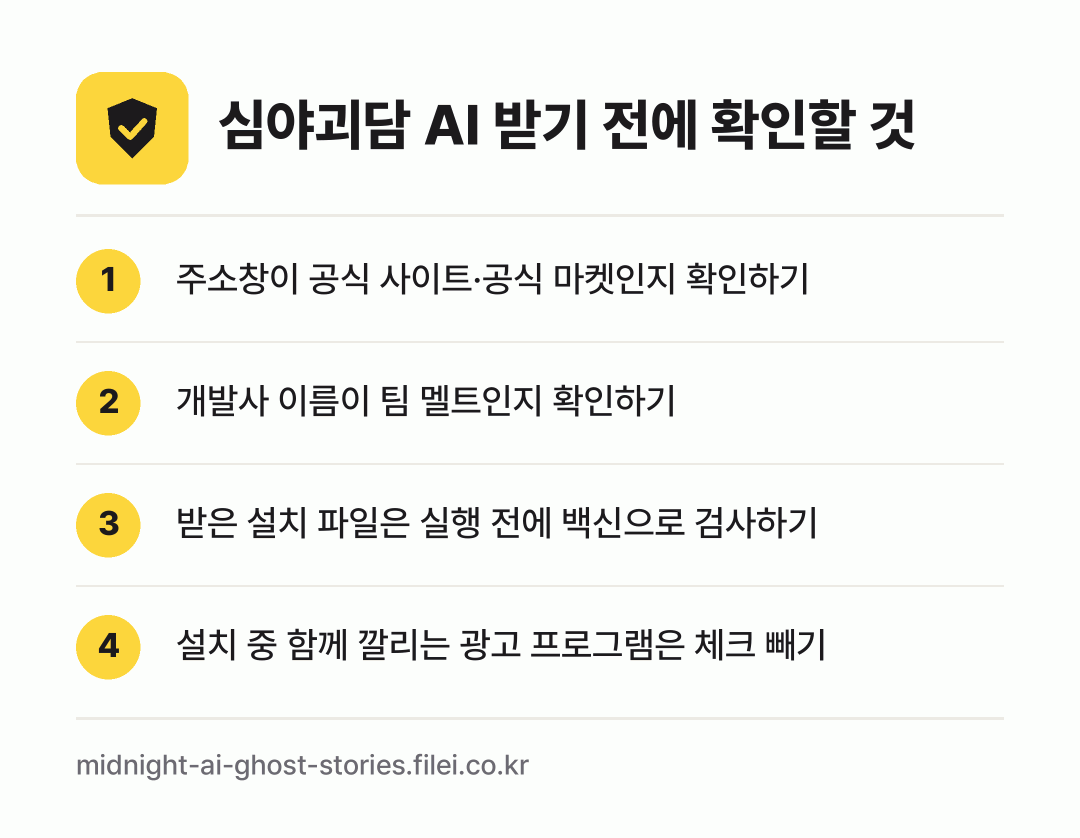 심야괴담 AI 받기 전에 확인할 것: 주소창이 공식 사이트·공식 마켓인지 확인하기, 개발사 이름이 팀 멜트인지 확인하기, 받은 설치 파일은 실행 전에 백신으로 검사하기, 설치 중 함께 깔리는 광고 프로그램은 체크 빼기