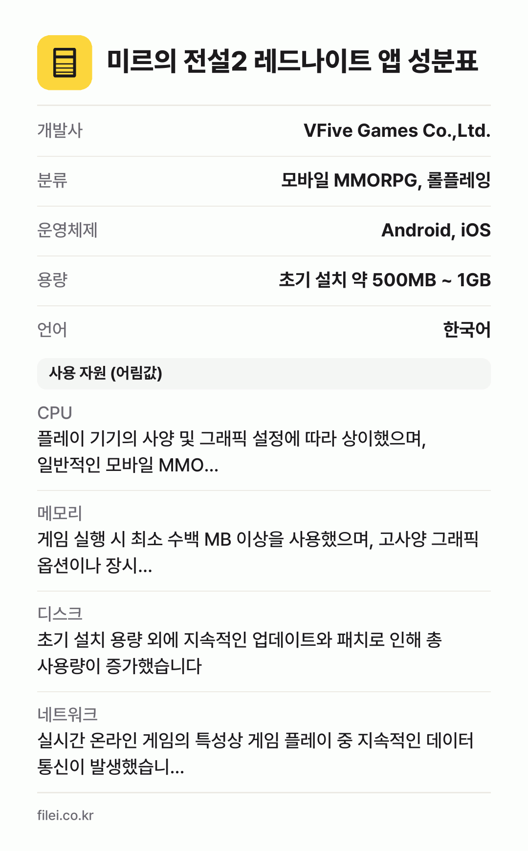 미르의 전설2 레드나이트 앱 성분표: 개발사 VFive Games Co.,Ltd., 분류 모바일 MMORPG, 롤플레잉, 운영체제 Android, iOS, 용량 초기 설치 약 500MB ~ 1GB, 언어 한국어