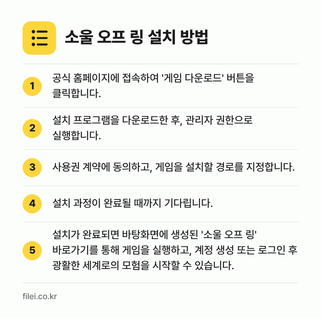 소울 오프 링 설치 방법: 공식 홈페이지에 접속하여 '게임 다운로드'… → 설치 프로그램을 다운로드한 후, 관리자 권… → 사용권 계약에 동의하고, 게임을 설치할 경… → 설치 과정이 완료될 때까지 기다립니다. → 설치가 완료되면 바탕화면에 생성된 '소울…