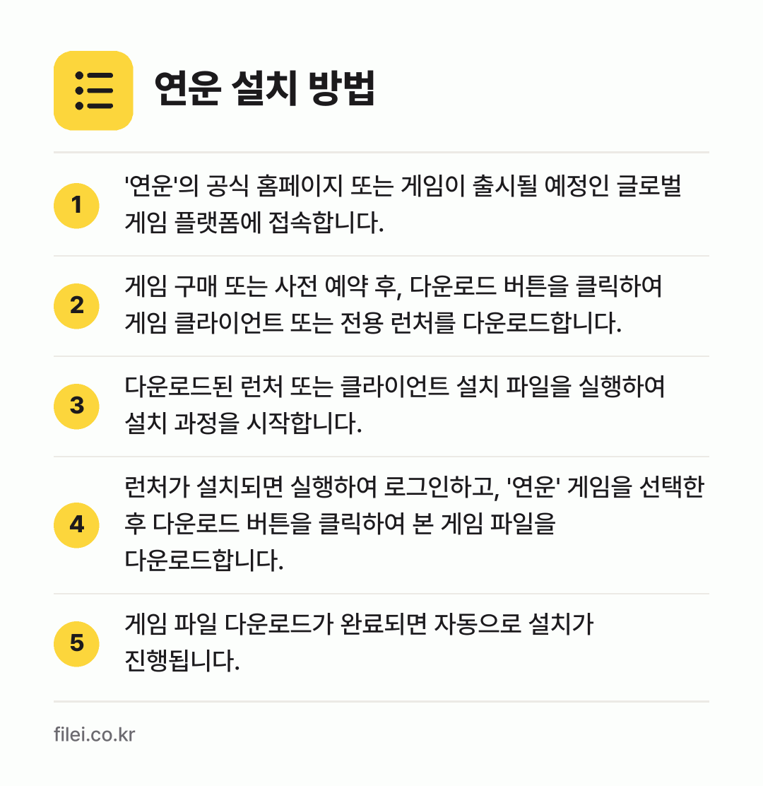 연운 설치 방법: '연운'의 공식 홈페이지 또는 게임이 출시… → 게임 구매 또는 사전 예약 후, 다운로드… → 다운로드된 런처 또는 클라이언트 설치 파일… → 런처가 설치되면 실행하여 로그인하고, '연… → 게임 파일 다운로드가 완료되면 자동으로 설…