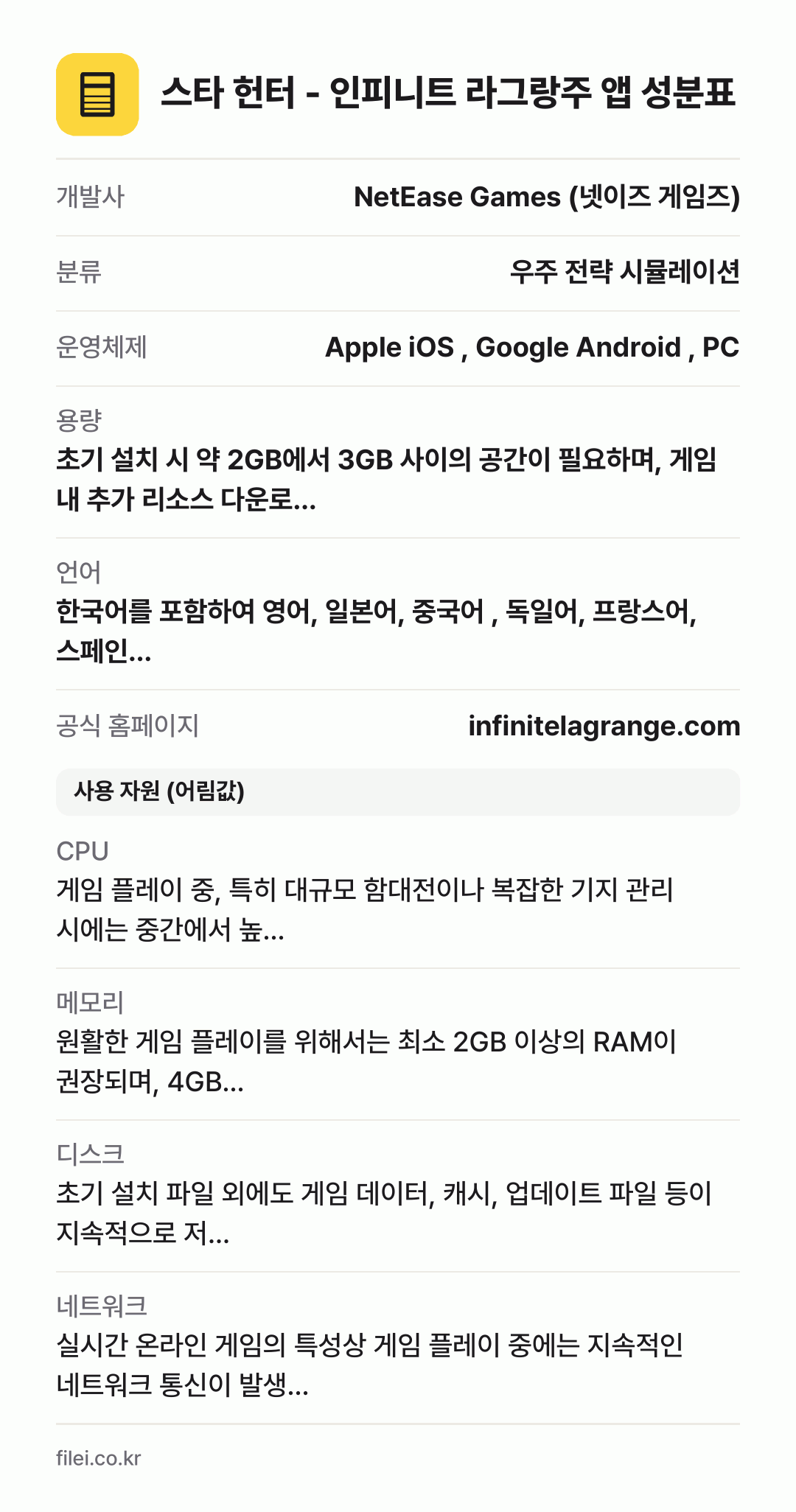 스타 헌터 - 인피니트 라그랑주 앱 성분표: 개발사 NetEase Games (넷이즈 게임즈), 분류 우주 전략 시뮬레이션, 운영체제 Apple iOS , Google Android , PC, 용량 초기 설치 시 약 2GB에서 3GB 사이의 공간이 필요하며, 게임 내 추가 리소스 다운로…, 언어 한국어를 포함하여 영어, 일본어, 중국어 , 독일어, 프랑스어