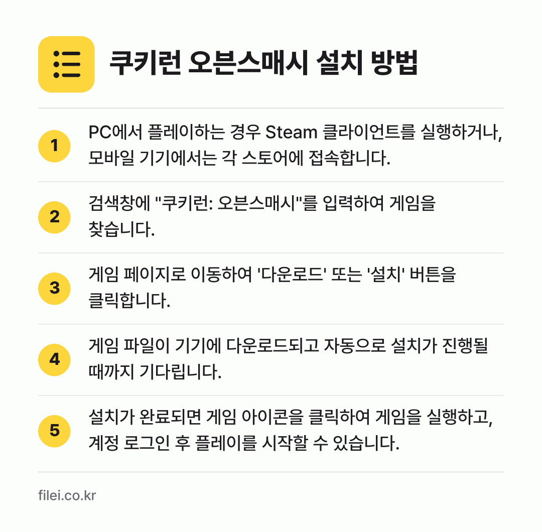 쿠키런 오븐스매시 설치 방법: PC에서 플레이하는 경우 Steam 클라이… → 검색창에 "쿠키런: 오븐스매시"를 입력하여… → 게임 페이지로 이동하여 '다운로드' 또는… → 게임 파일이 기기에 다운로드되고 자동으로… → 설치가 완료되면 게임 아이콘을 클릭하여 게…