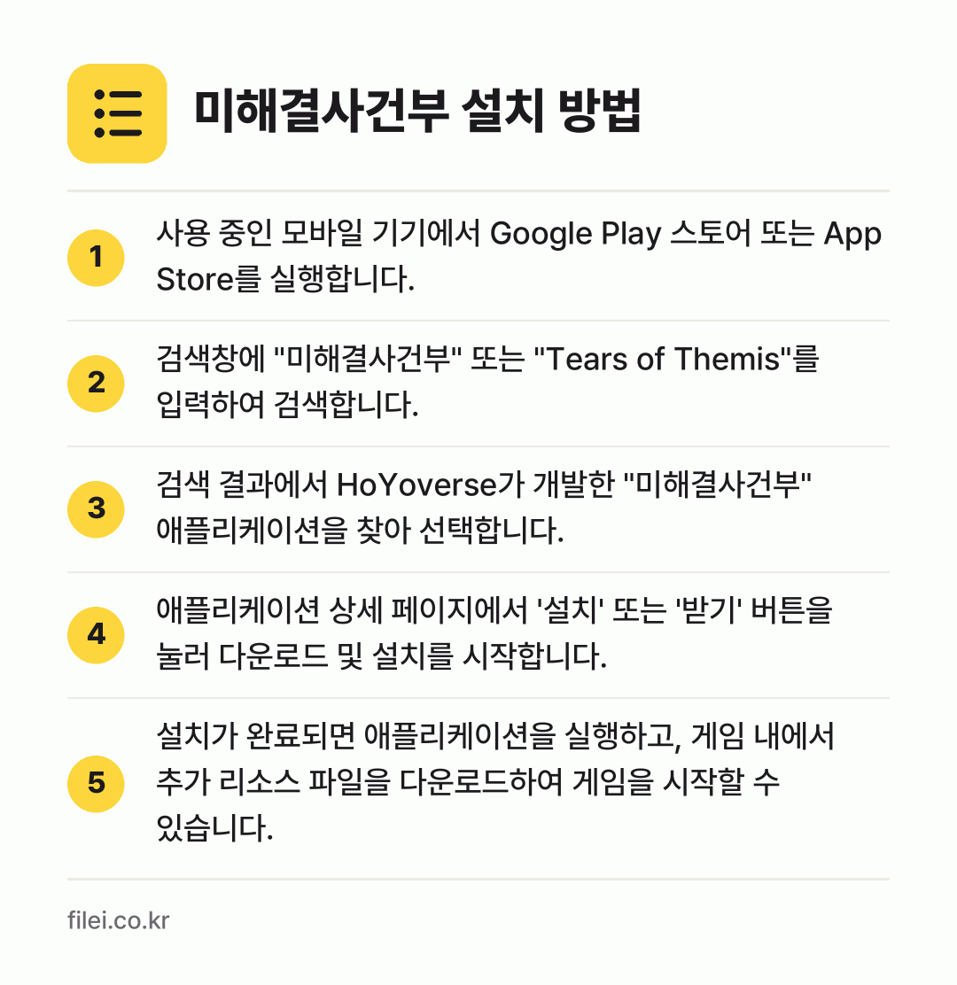 미해결사건부 설치 방법: 사용 중인 모바일 기기에서 Google P… → 검색창에 "미해결사건부" 또는 "Tears… → 검색 결과에서 HoYoverse가 개발한… → 애플리케이션 상세 페이지에서 '설치' 또는… → 설치가 완료되면 애플리케이션을 실행하고,…